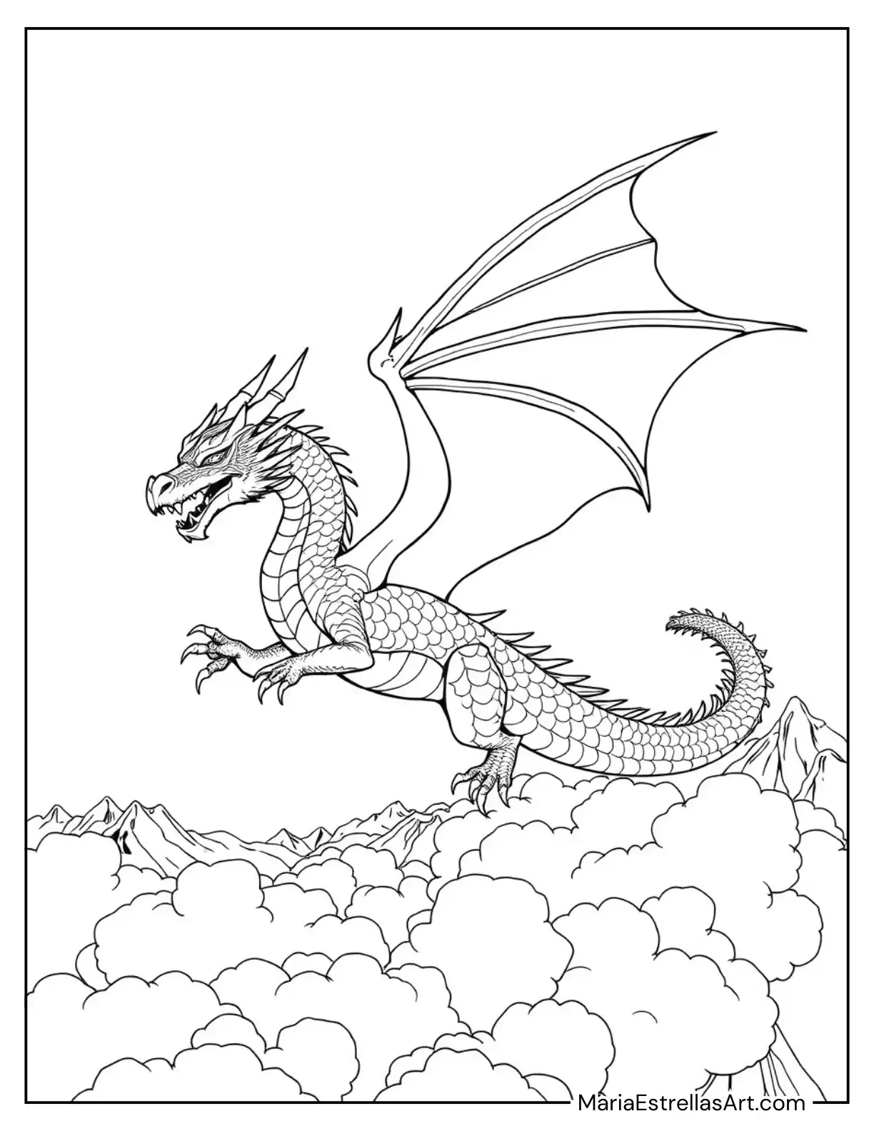 Majestic Dragon Soaring Through the Clouds Coloring Page