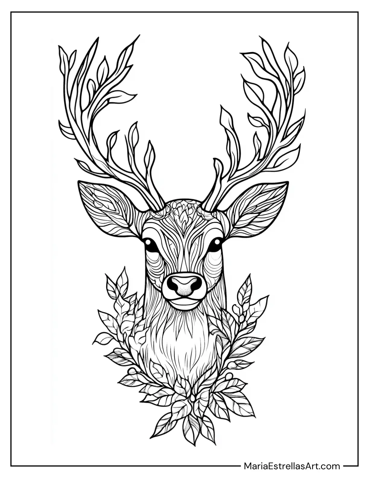 Mandala Deer Head With Antlers Wrapped in Ivy Coloring Page