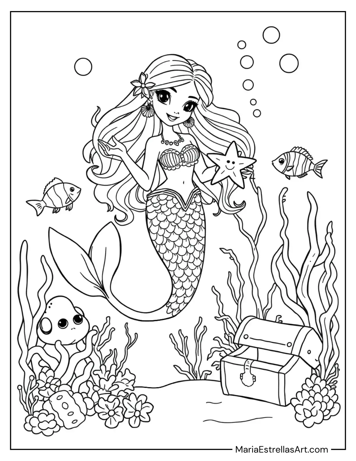 Mermaid Girl Holding a Starfish Underwater Coloring Sheet