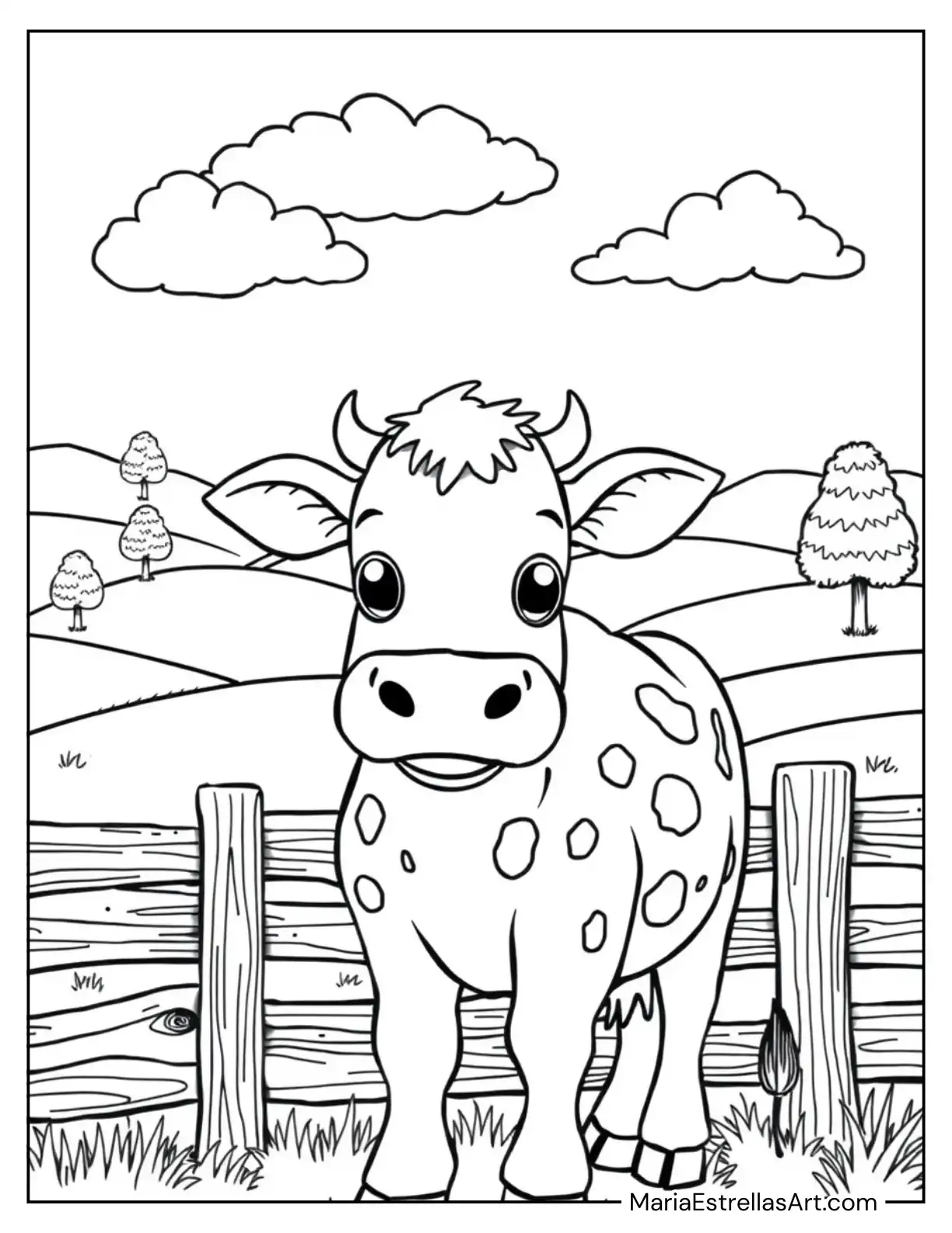 Milk Cow Standing Beside a Wooden Fence Coloring Sheet