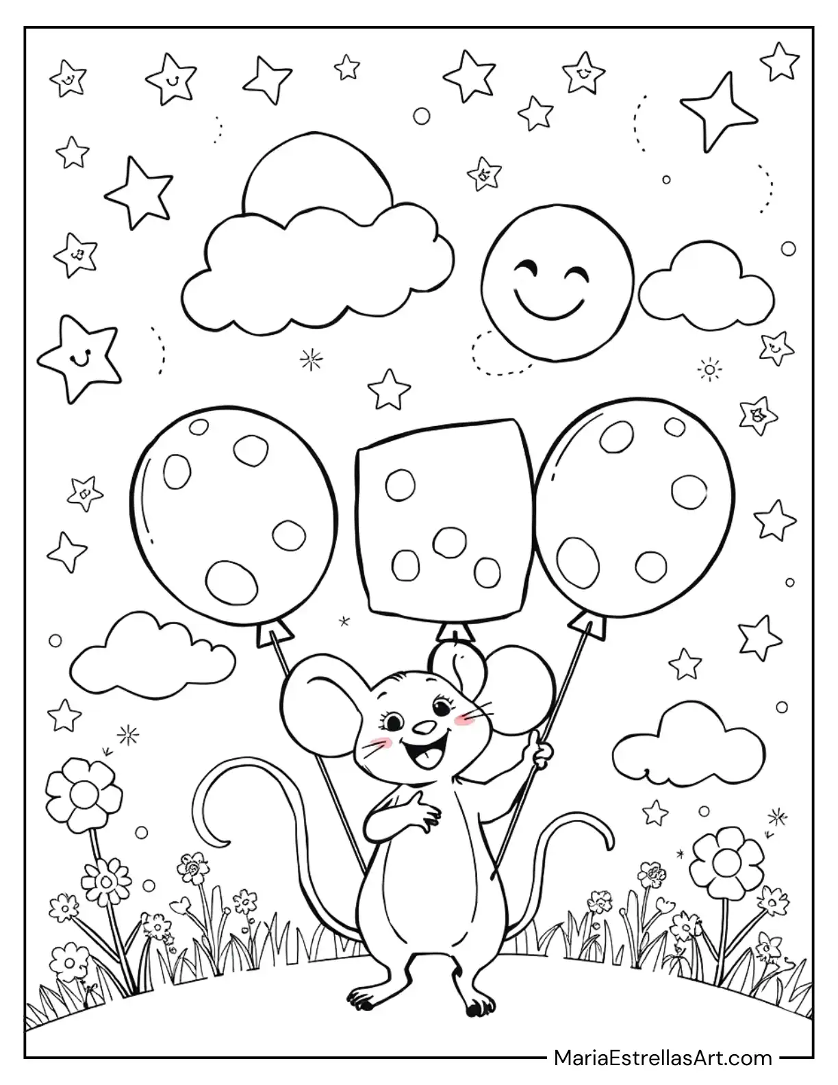 Mouse with Cheese-Shaped Balloons in a Starry Sky Coloring Page