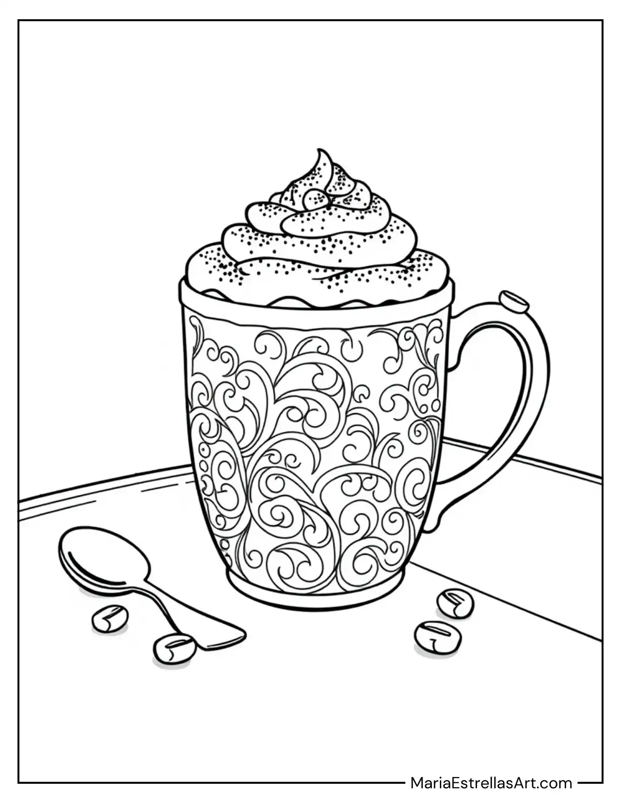 Mug of Cappuccino Topped with Whipped Cream and Cinnamon Coloring Sheet