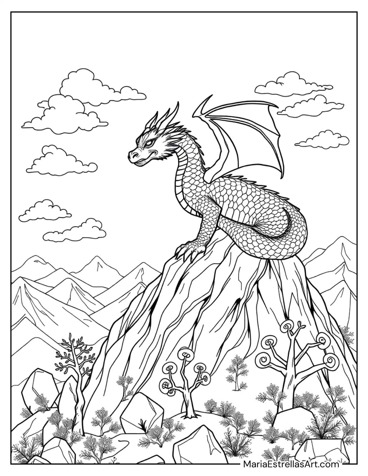 Mysterious Dragon Resting on a Mountain Peak Coloring Sheet