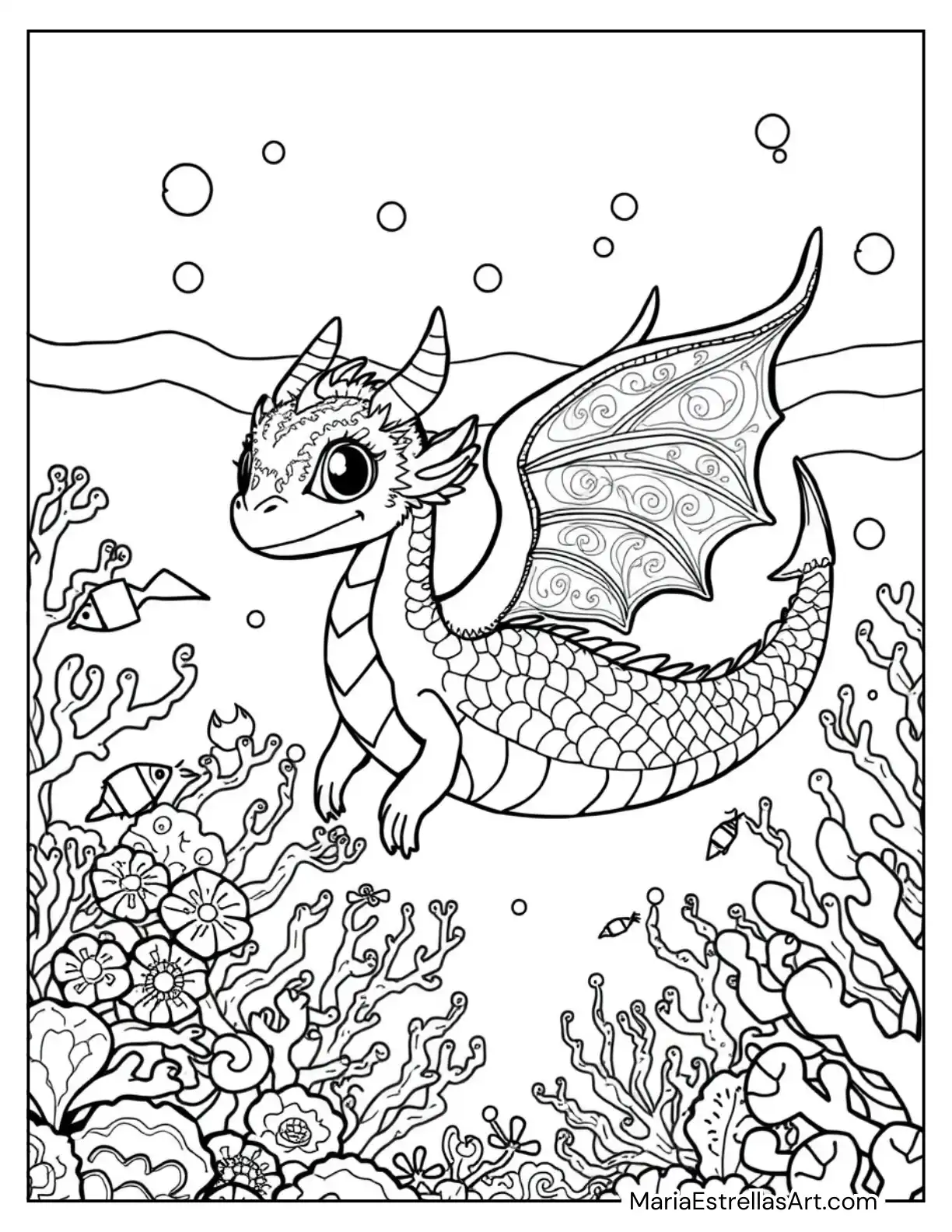 Mystical Sea Dragon Swimming Among Coral Reefs Coloring Sheet