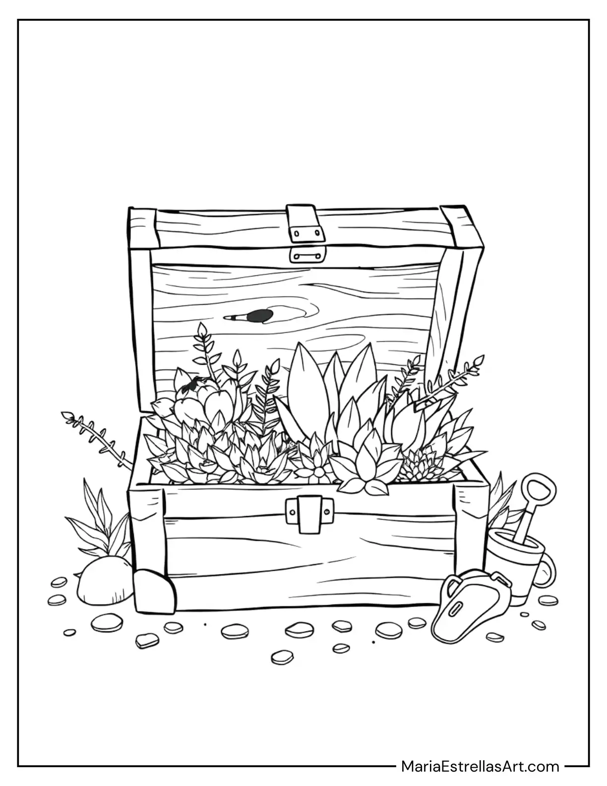 Open Treasure Box with Succulents Arranged Like a Miniature Garden Coloring Sheet