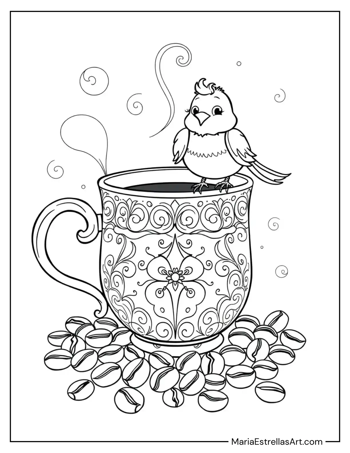 Ornate Coffee Cup with a Bird Perched on the Rim Coloring Page