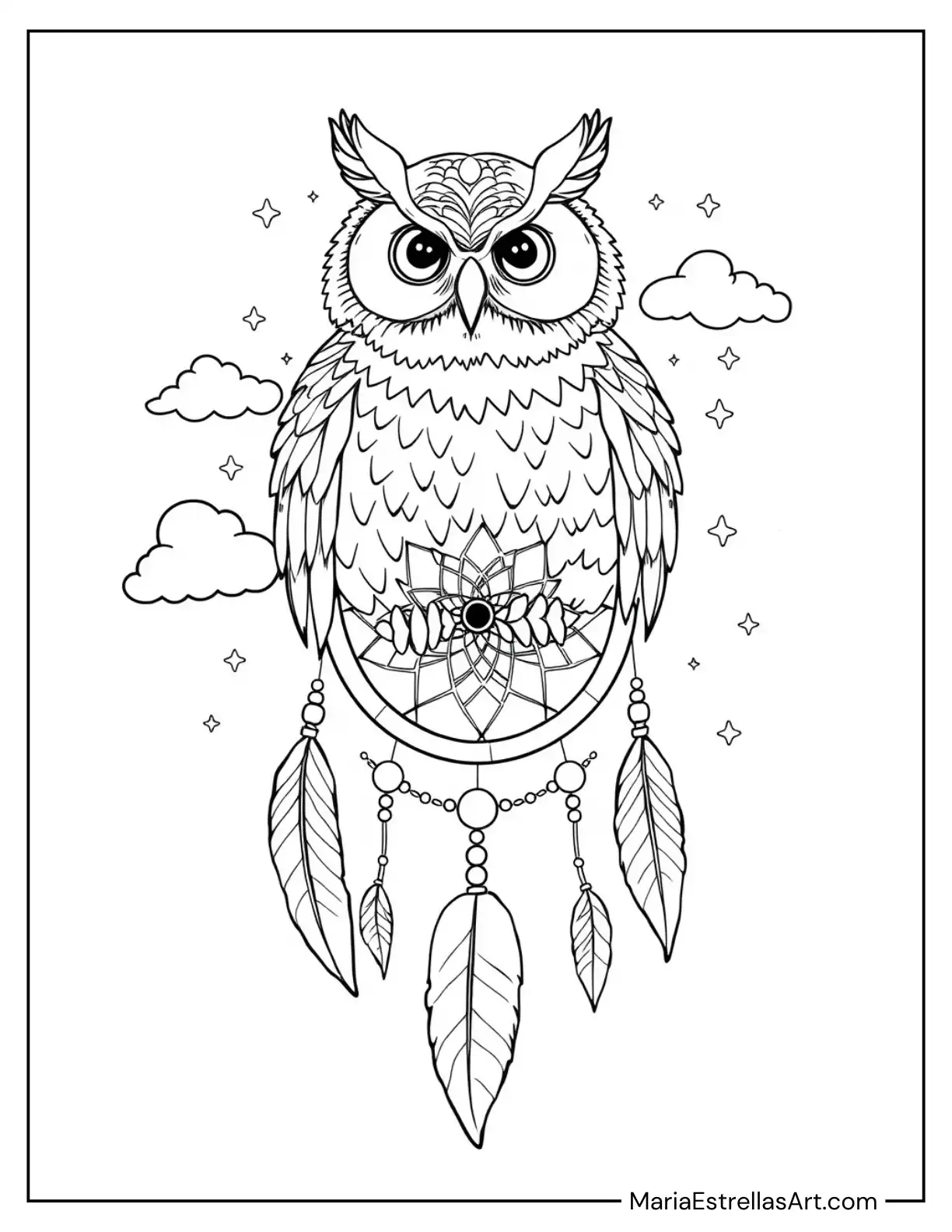 Owl Dreamcatcher with Intricate Feather Details to Color for Kids