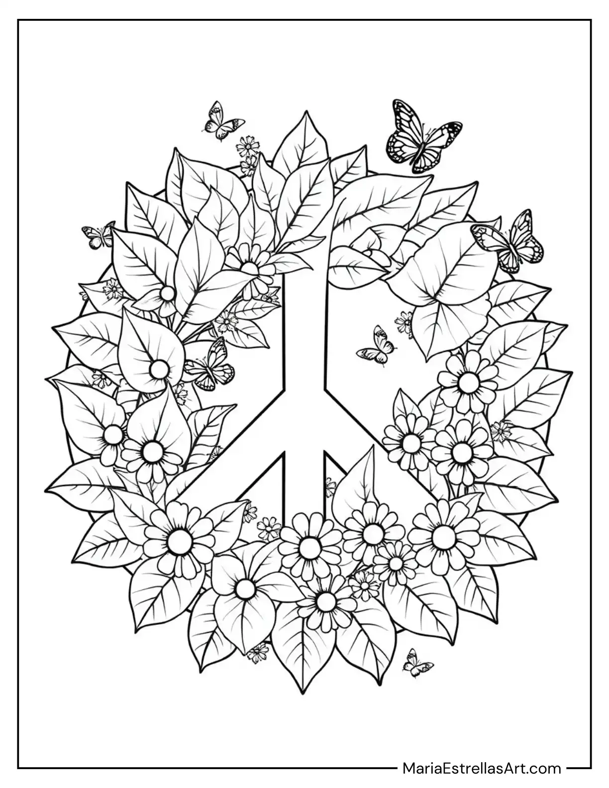 Peace Symbol Created from Leaves with Daisies and Small Butterflies Interwoven Coloring Page