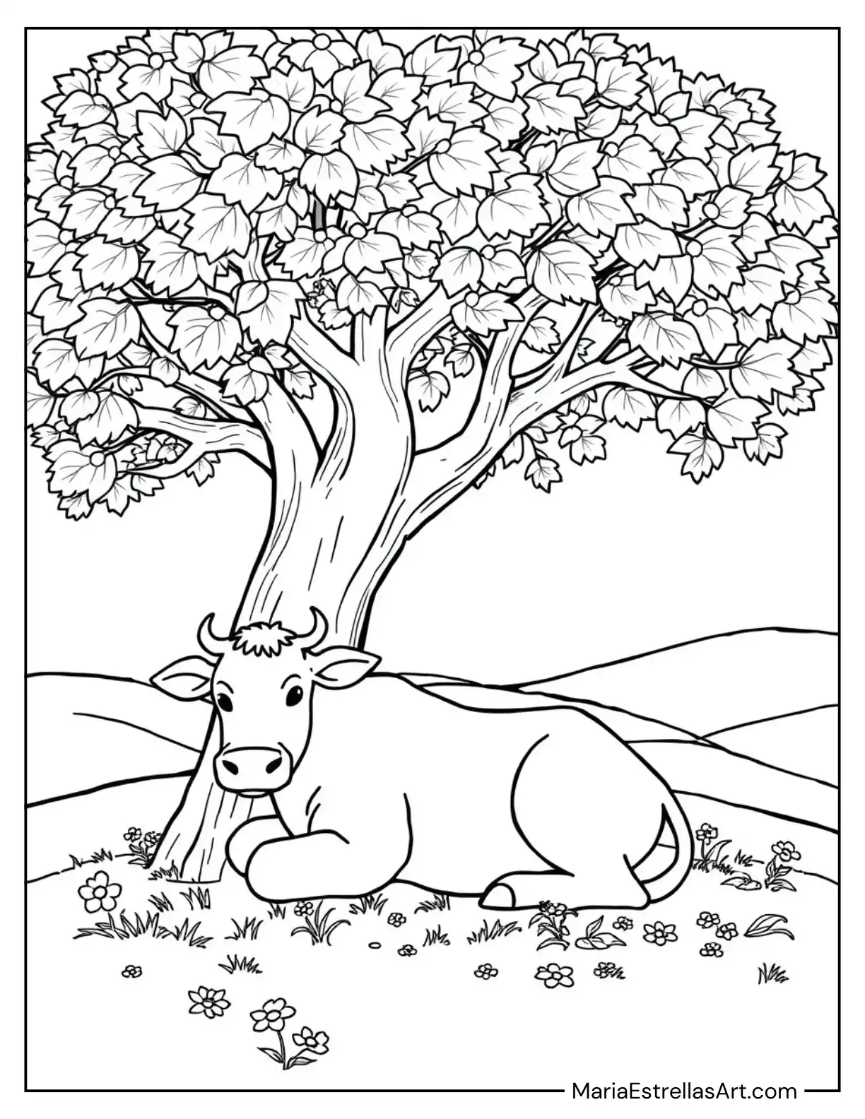 Peaceful Cow Resting Under a Tree Coloring Page