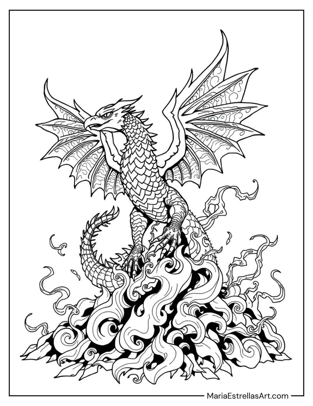 Phoenix Dragon Rising from Fiery Ashes Coloring Page