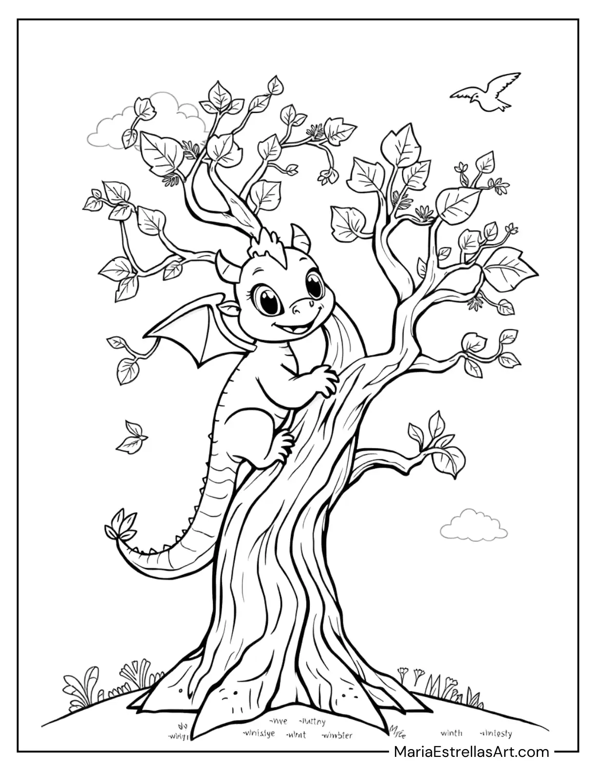 Playful Baby Dragon Climbing a Magic Tree to Color for Kids