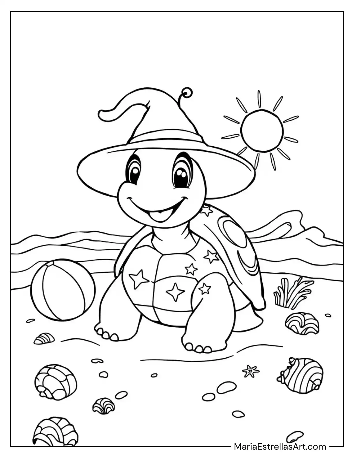 Playful Cartoon Turtle Wearing a Hat Coloring Sheet