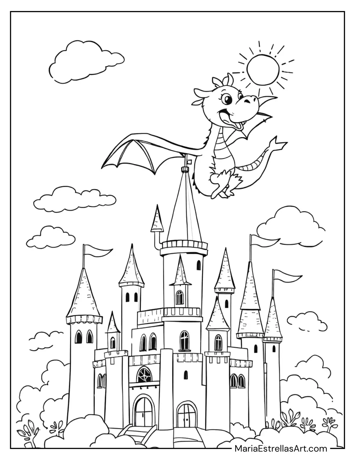 Playful Dragon Flying Over a Castle Coloring Page