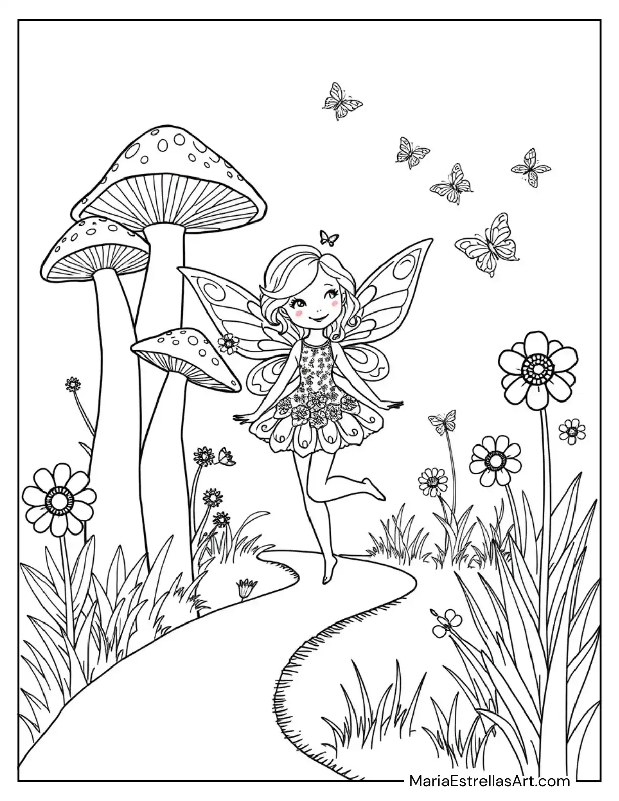 Playful Fairy Walking Beside Tall Mushrooms Coloring Page