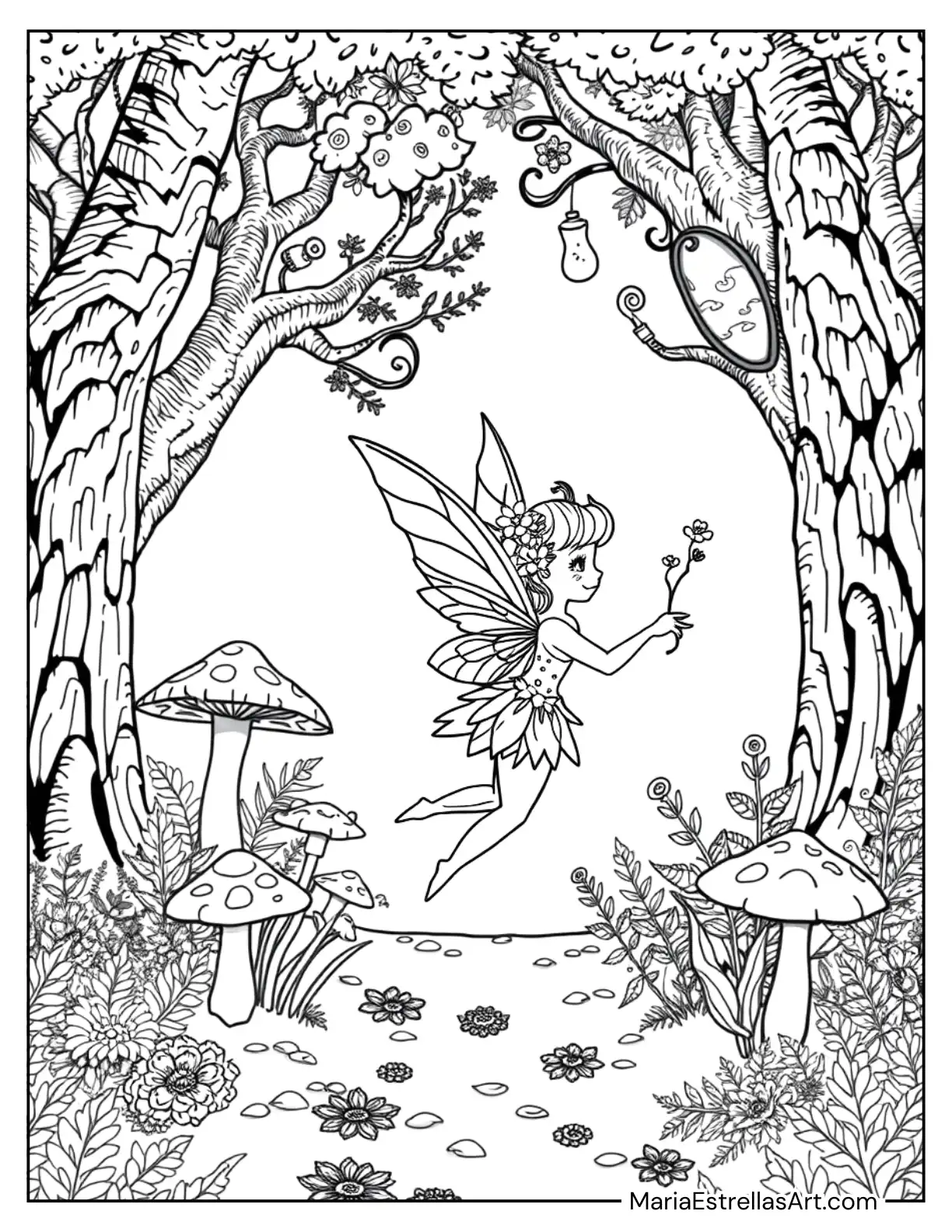 Playful Fairy with Flower Crown Exploring a Mossy Forest Clearing Coloring Sheet