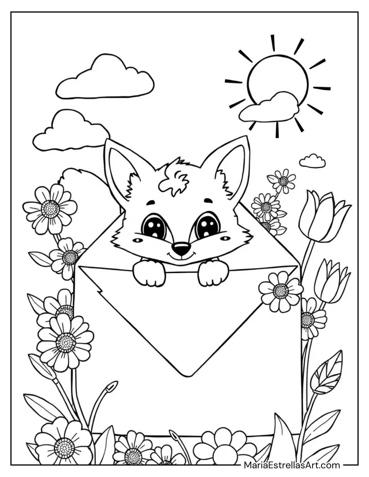 Playful Fox Hiding in an Envelope with Flowers Coloring Page