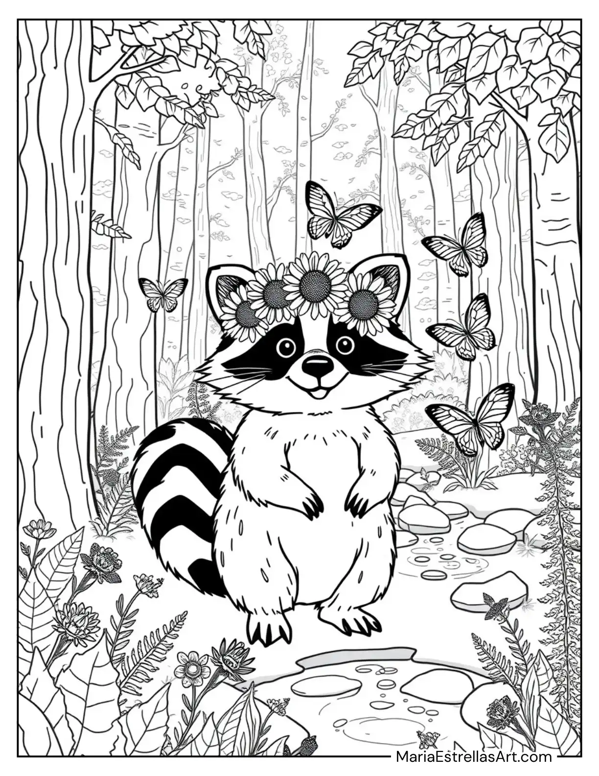 Playful Raccoon Wearing a Wreath of Sunflowers Coloring Sheet