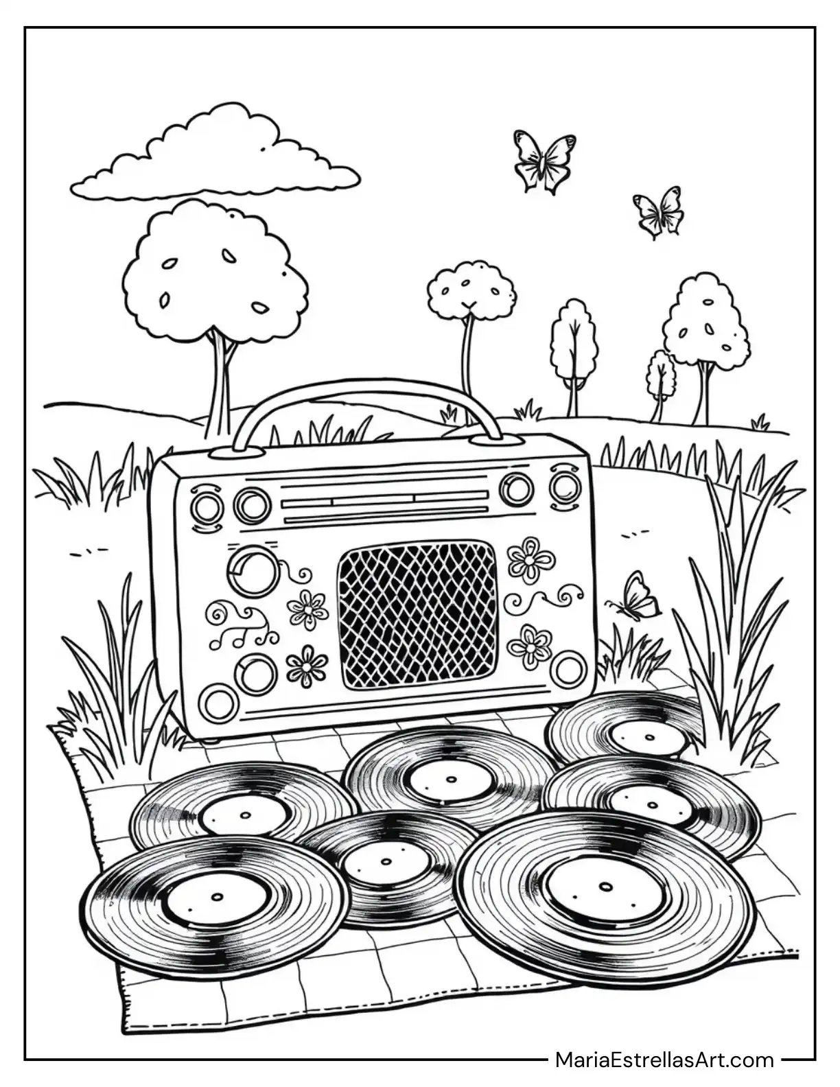 Retro Radio and Vinyl Records on a Blanket Coloring Page