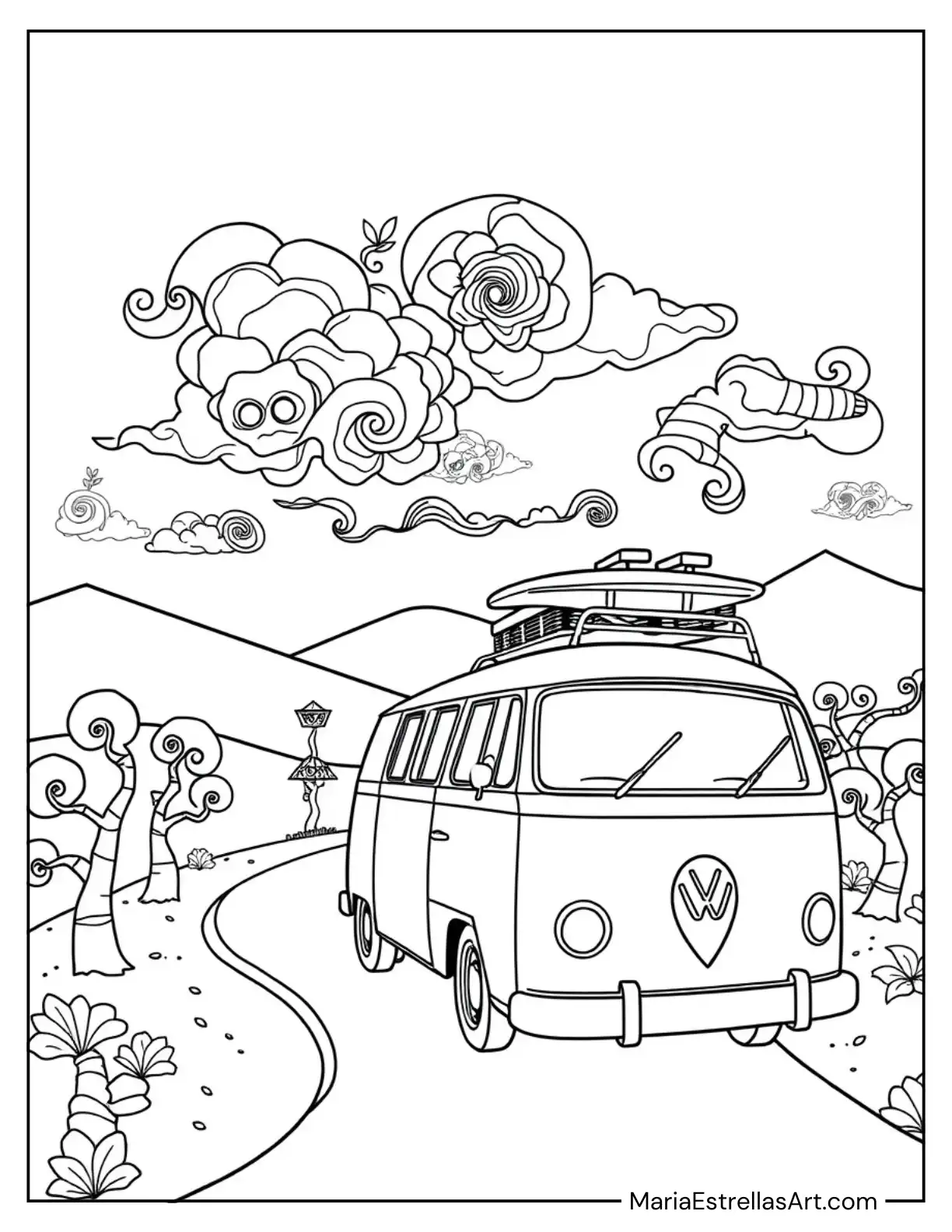 Retro Van with Kaleidoscope-Style Clouds Coloring Page