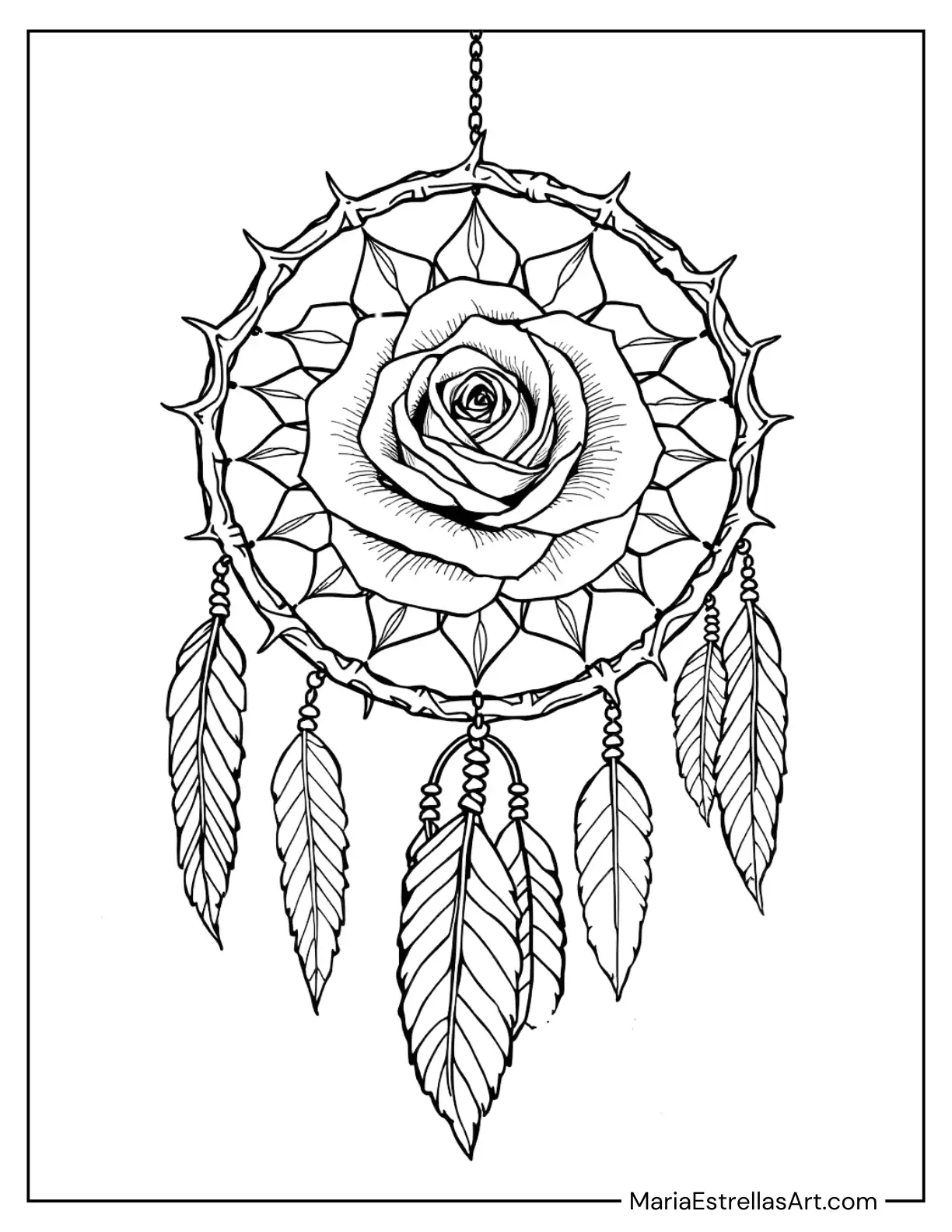 Rose Dreamcatcher with Thorns and Blooming Flowers to Color for Kids