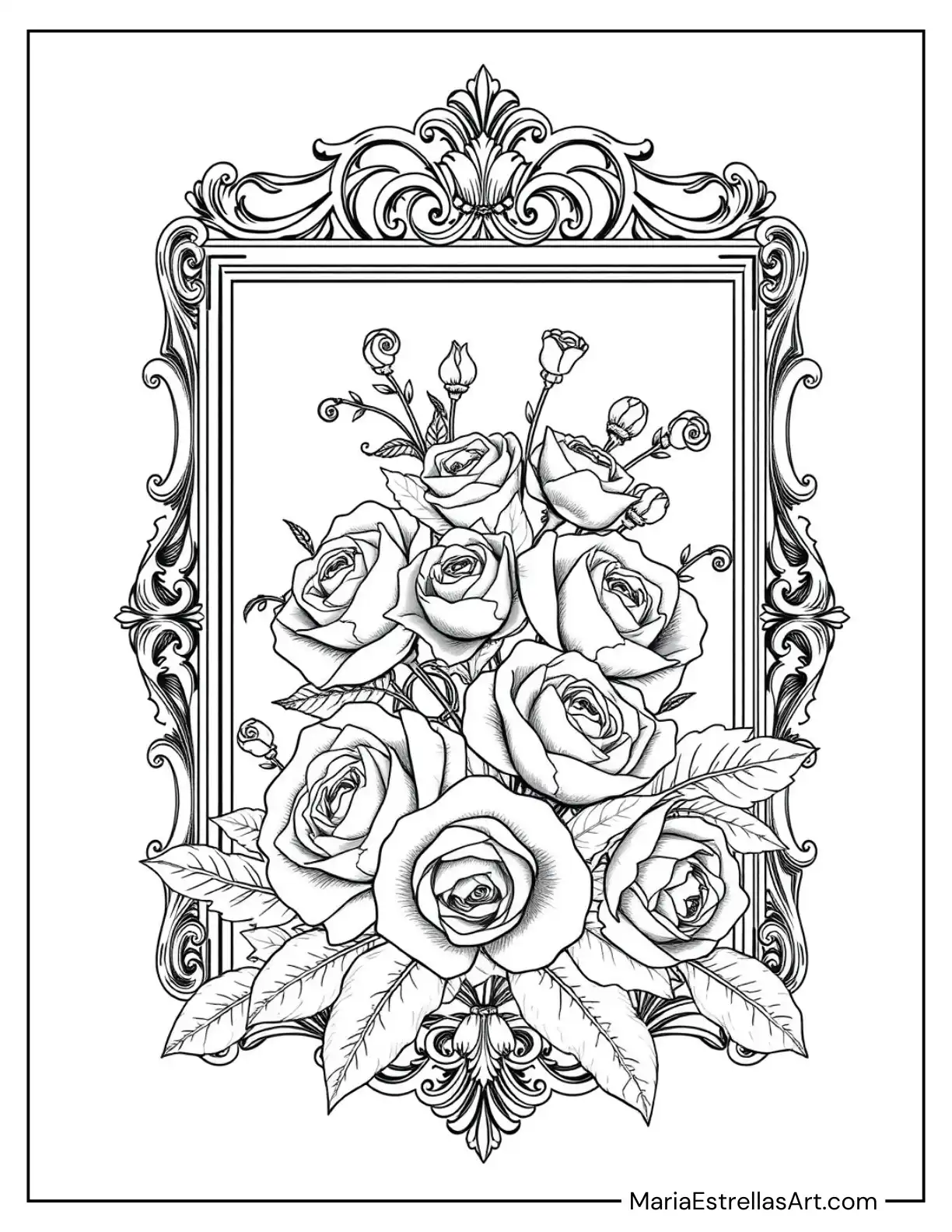 Roses and Peonies in a Beautiful Antique Frame Coloring Sheet