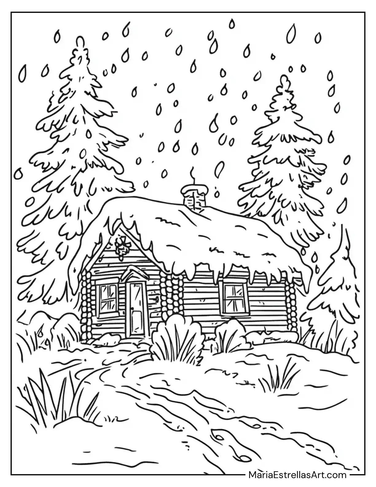 Rustic Cabin Surrounded by Falling Snow to Color for Kids