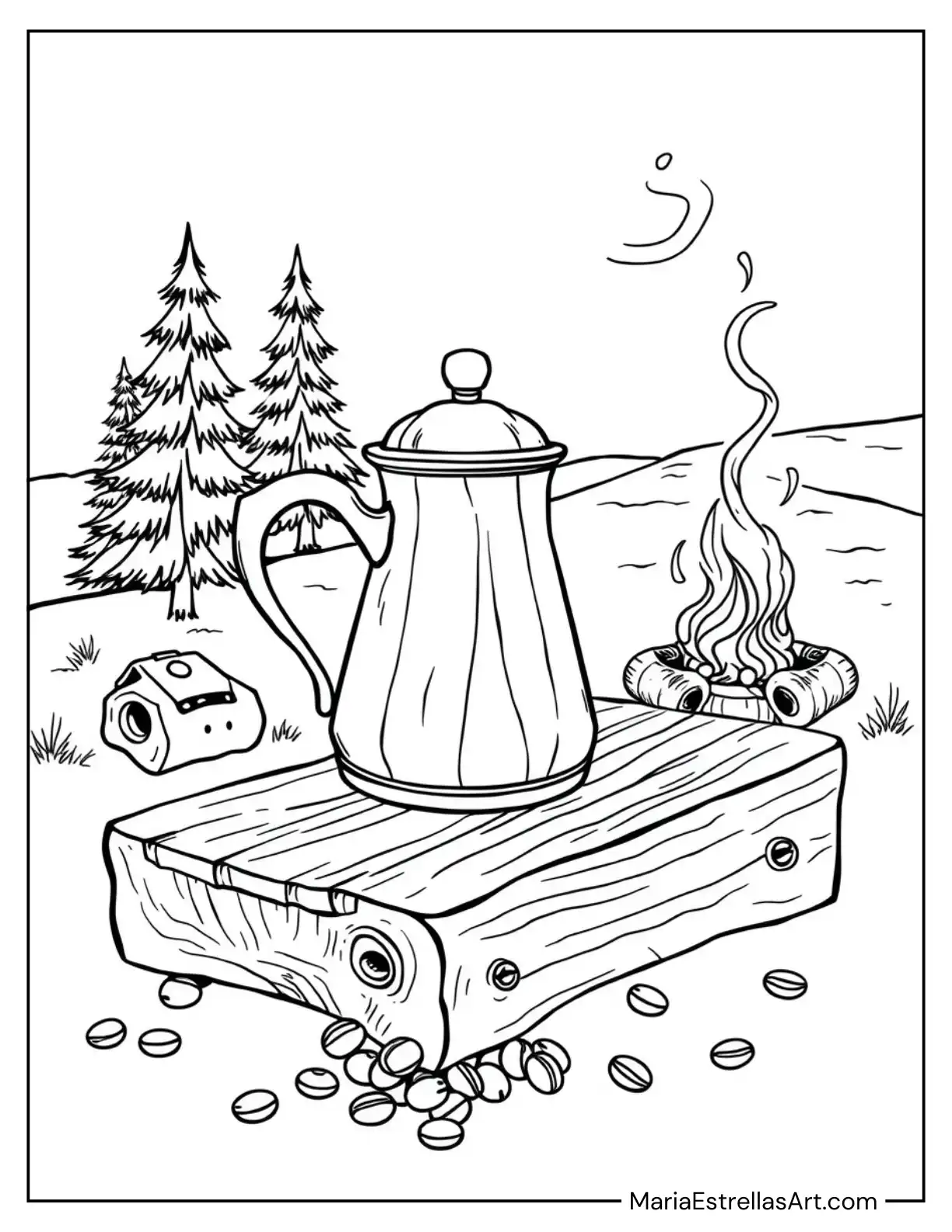 Rustic Coffee Pot on a Wooden Camp Table Coloring Page