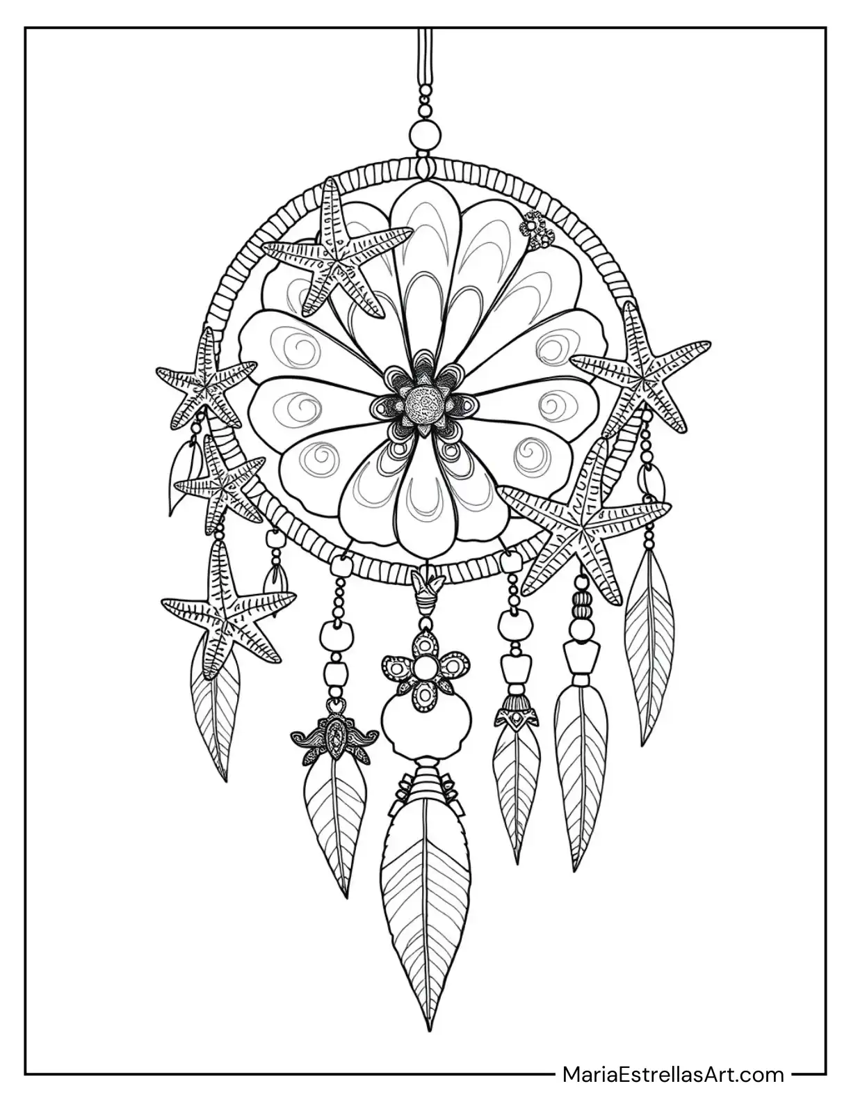 Seashell Dreamcatcher with Starfish and Hanging Beads to Color for Kids