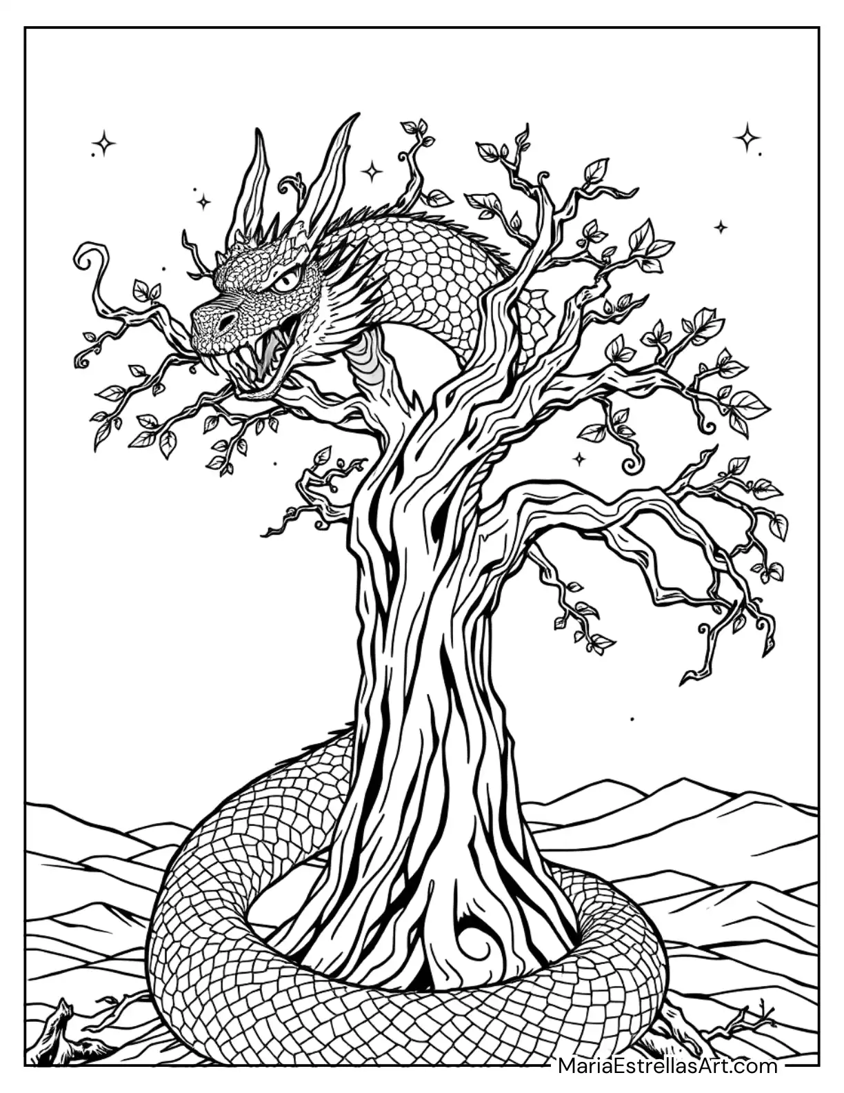 Serpent Dragon Coiled Around a Sacred Tree Coloring Sheet