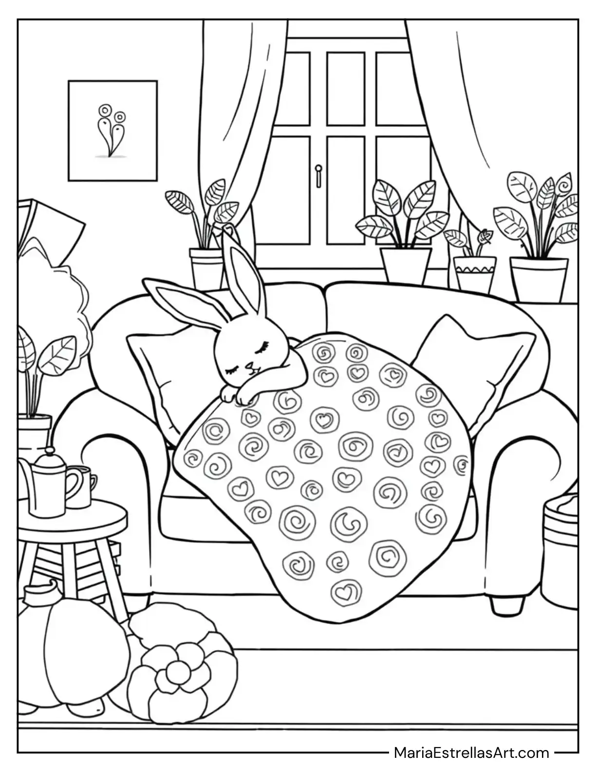 Sleeping Bunny Wrapped in a Blanket on a Cozy Couch Coloring Page