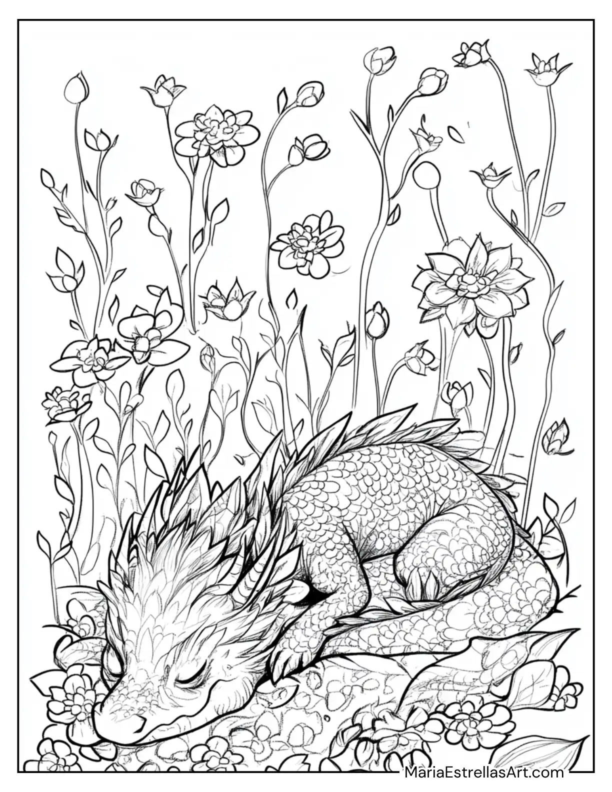 Sleeping Dragon in a Bed of Flowers and Moss Coloring Page