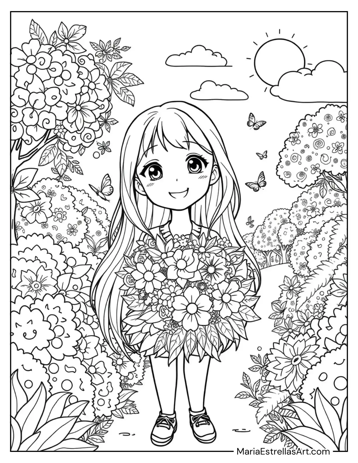 Smiling Anime Girl Holding a Flower Bouquet Coloring Page