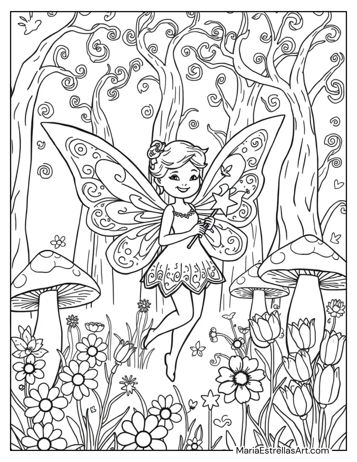 Smiling Fairy with Star Wand and Big Wings Coloring Page