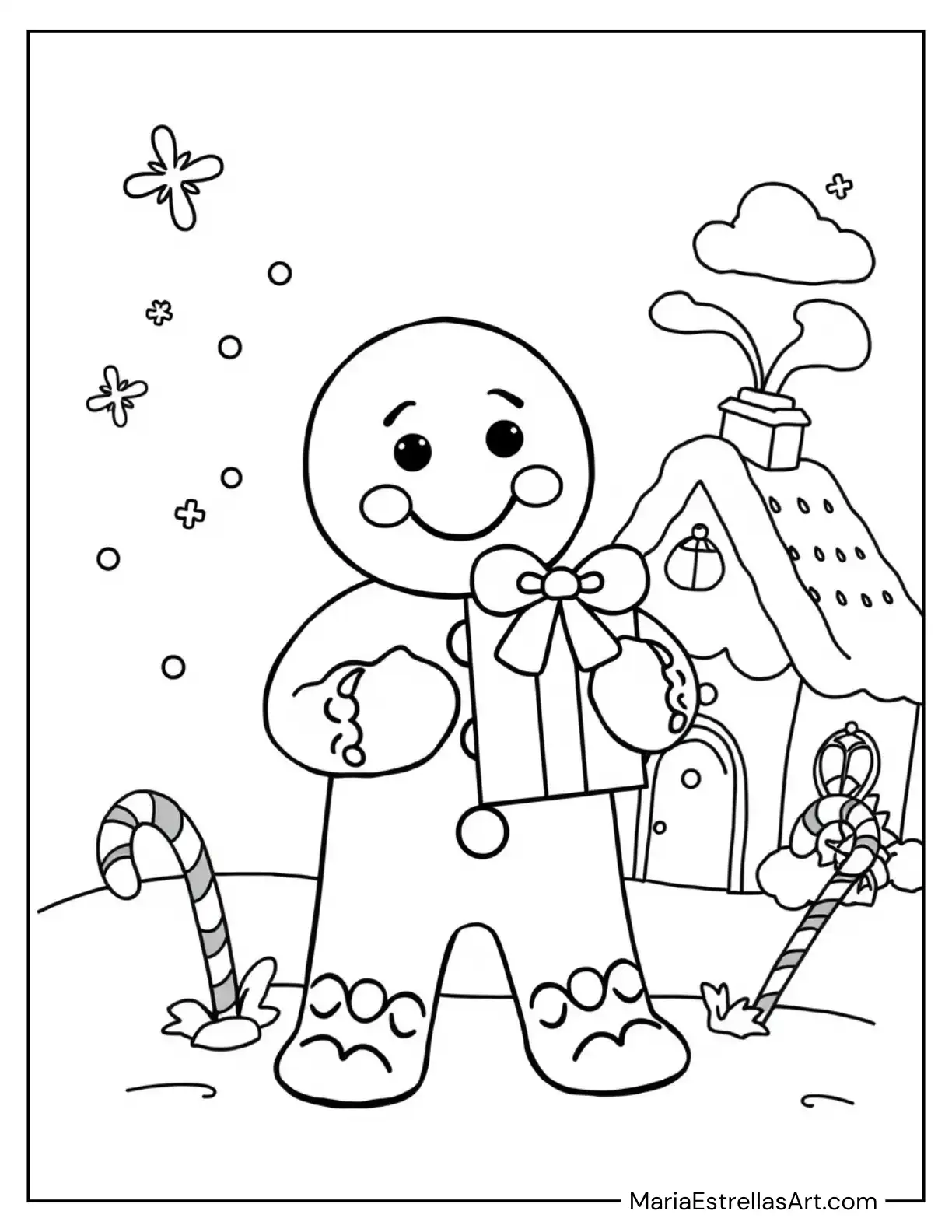 Smiling Gingerbread Man Holding a Present Coloring Page