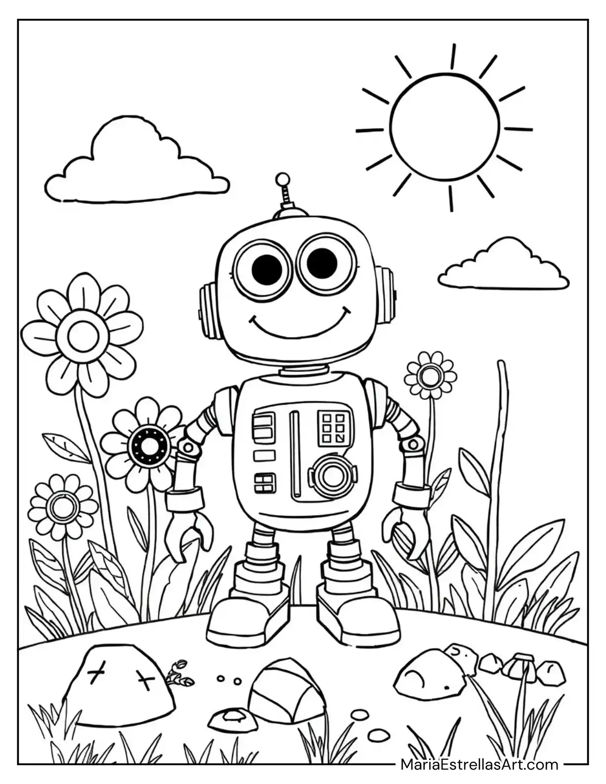 Smiling Robot Character with Big Eyes Coloring Page