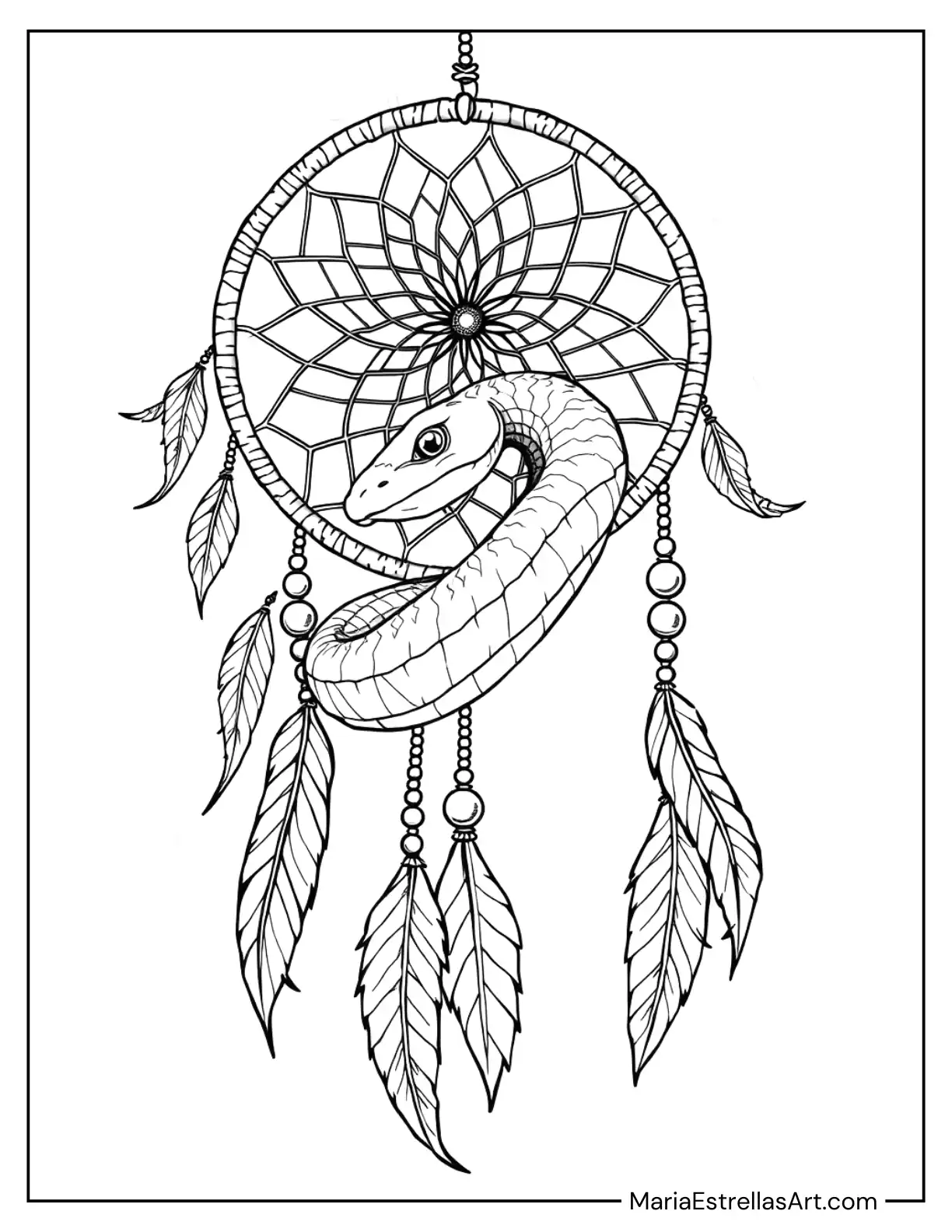 Snake Dreamcatcher Twisting Through the Web Coloring Page