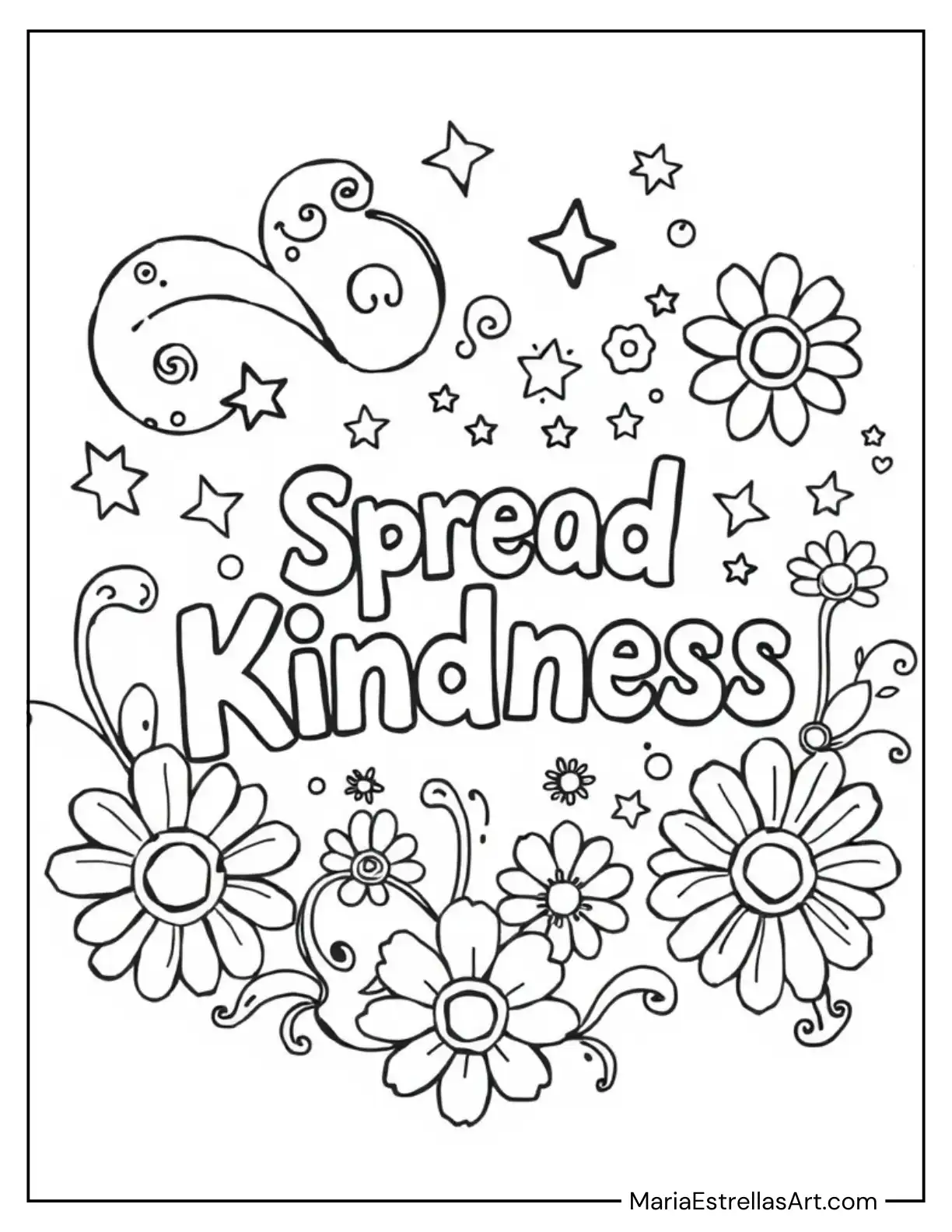 "Spread Kindness" with Swirling Patterns, Stars, and Funky Floral Designs Coloring Sheet