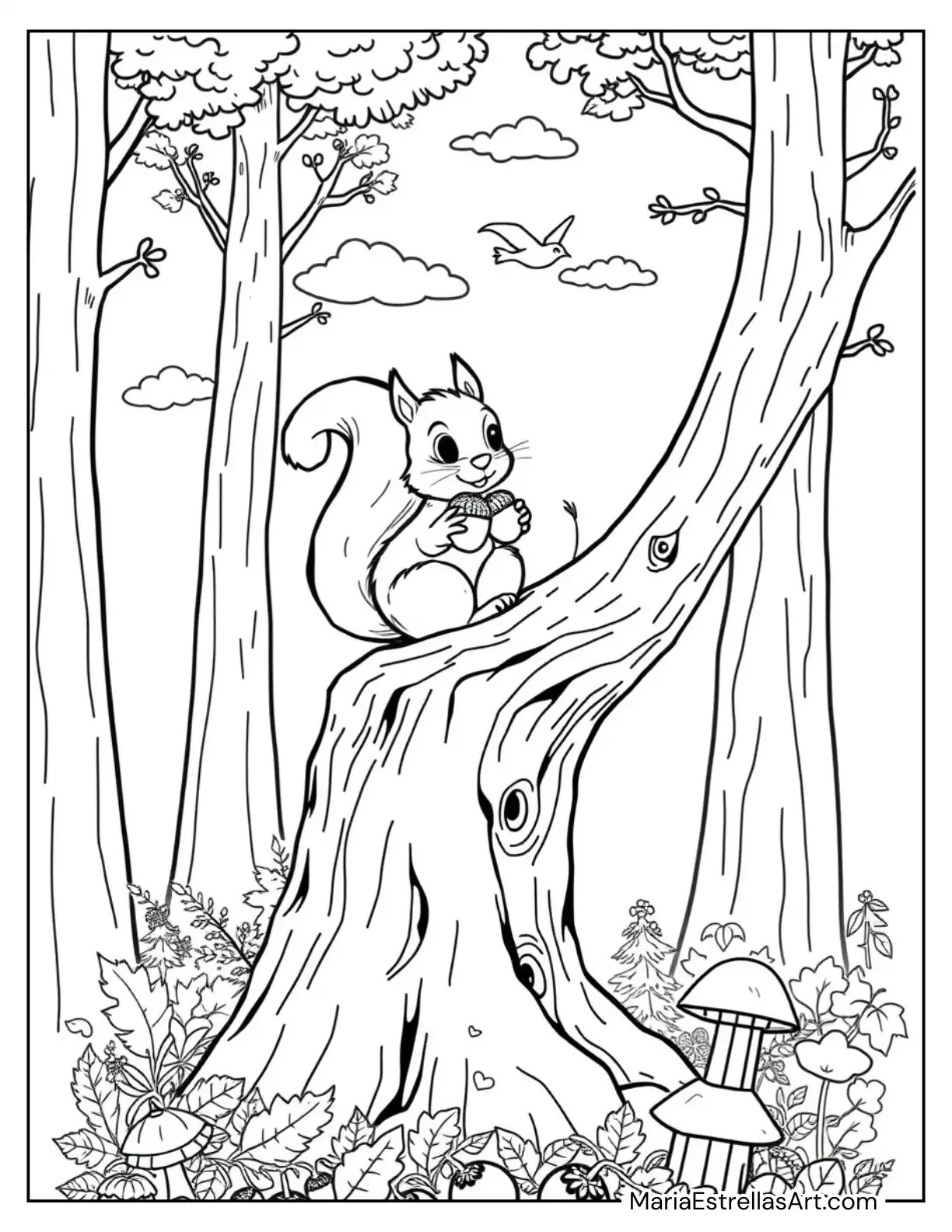 Squirrel Holding Acorns Under a Tree in a Forest Scene Coloring Sheet