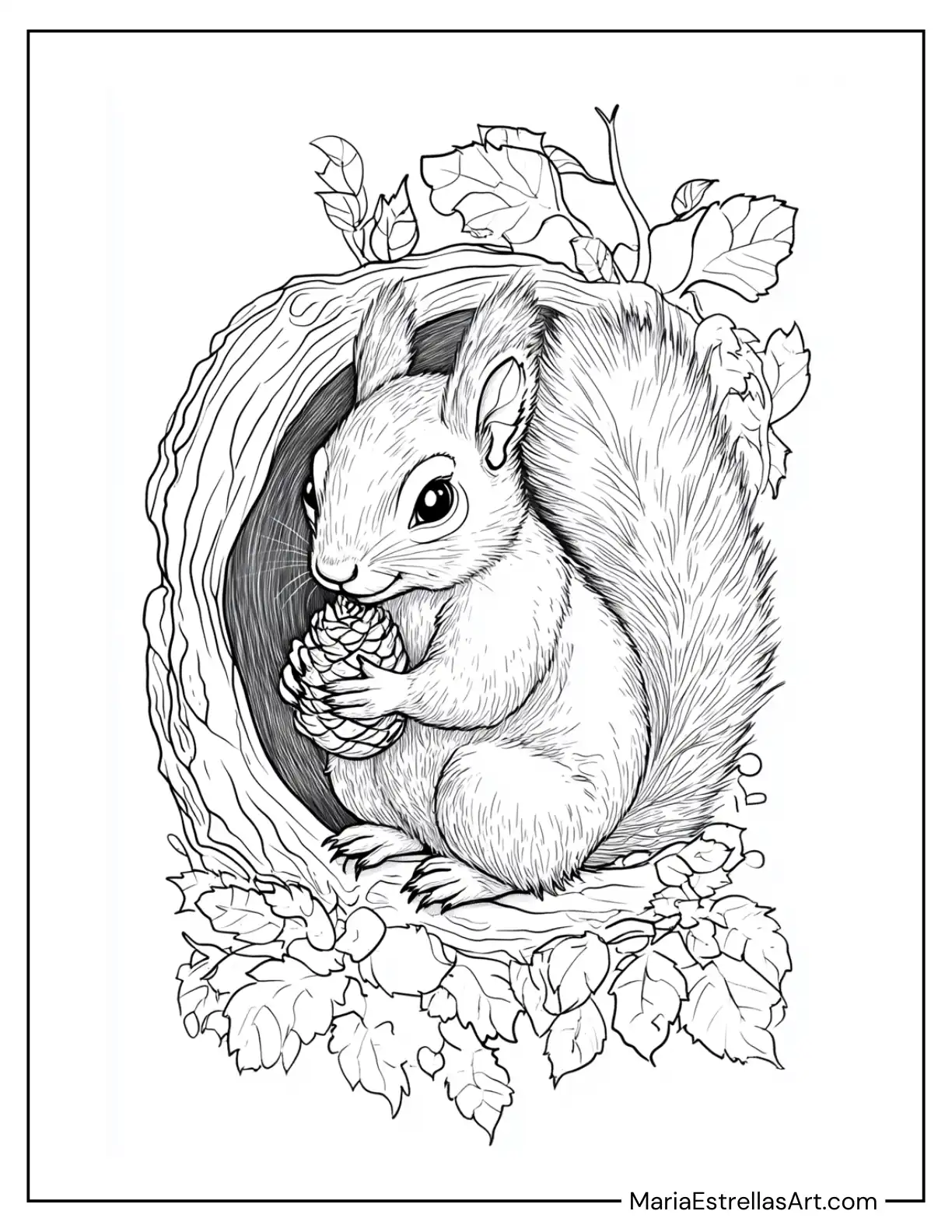 Squirrel Holding a Pinecone While Sitting in a Cozy Hollow Coloring Sheet