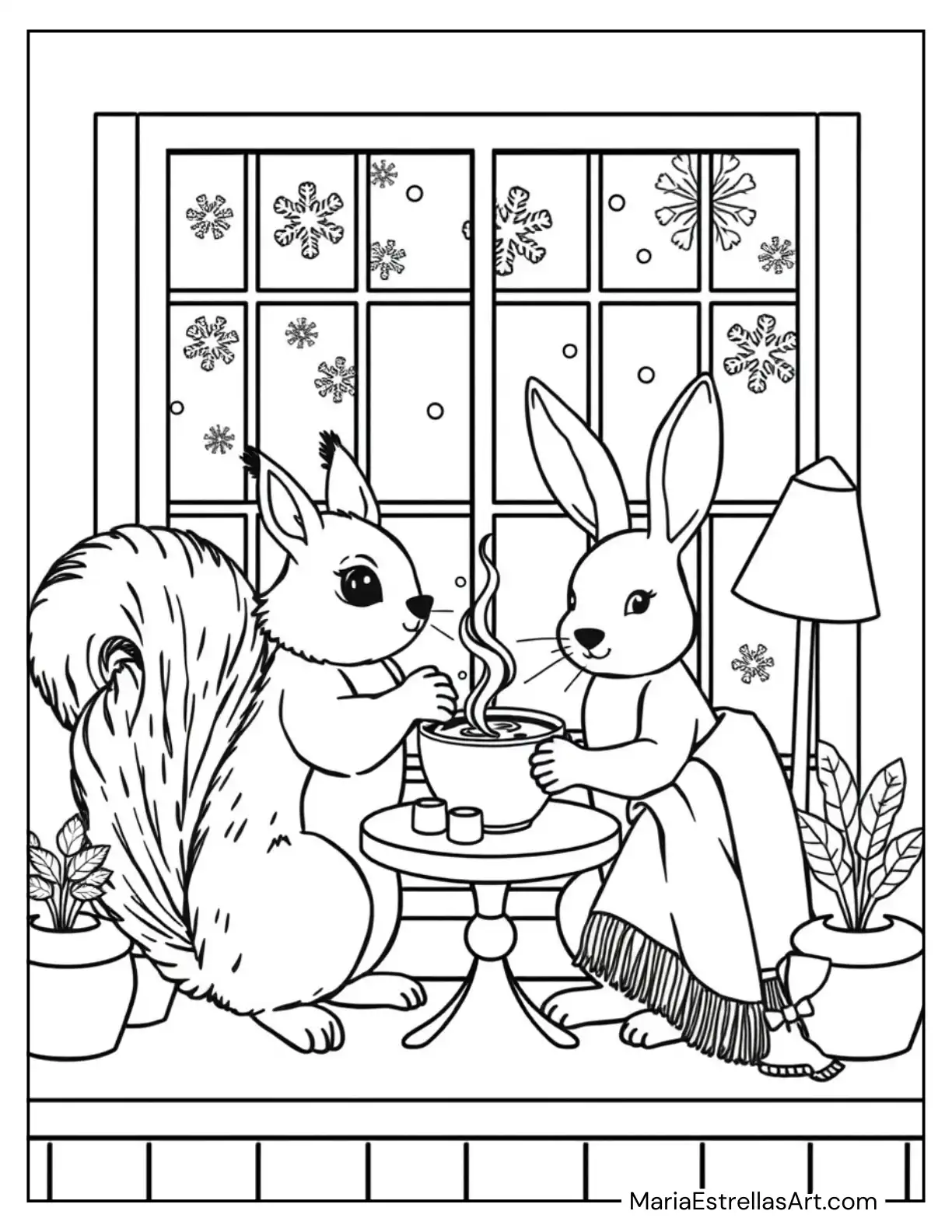 Squirrel and Rabbit Sharing Cozy Hot Cocoa by a Window on a Snowy Day Coloring Page