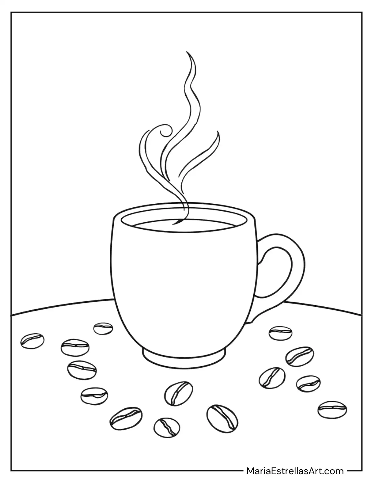 Steaming Cup of Coffee Surrounded by Coffee Beans Coloring Sheet