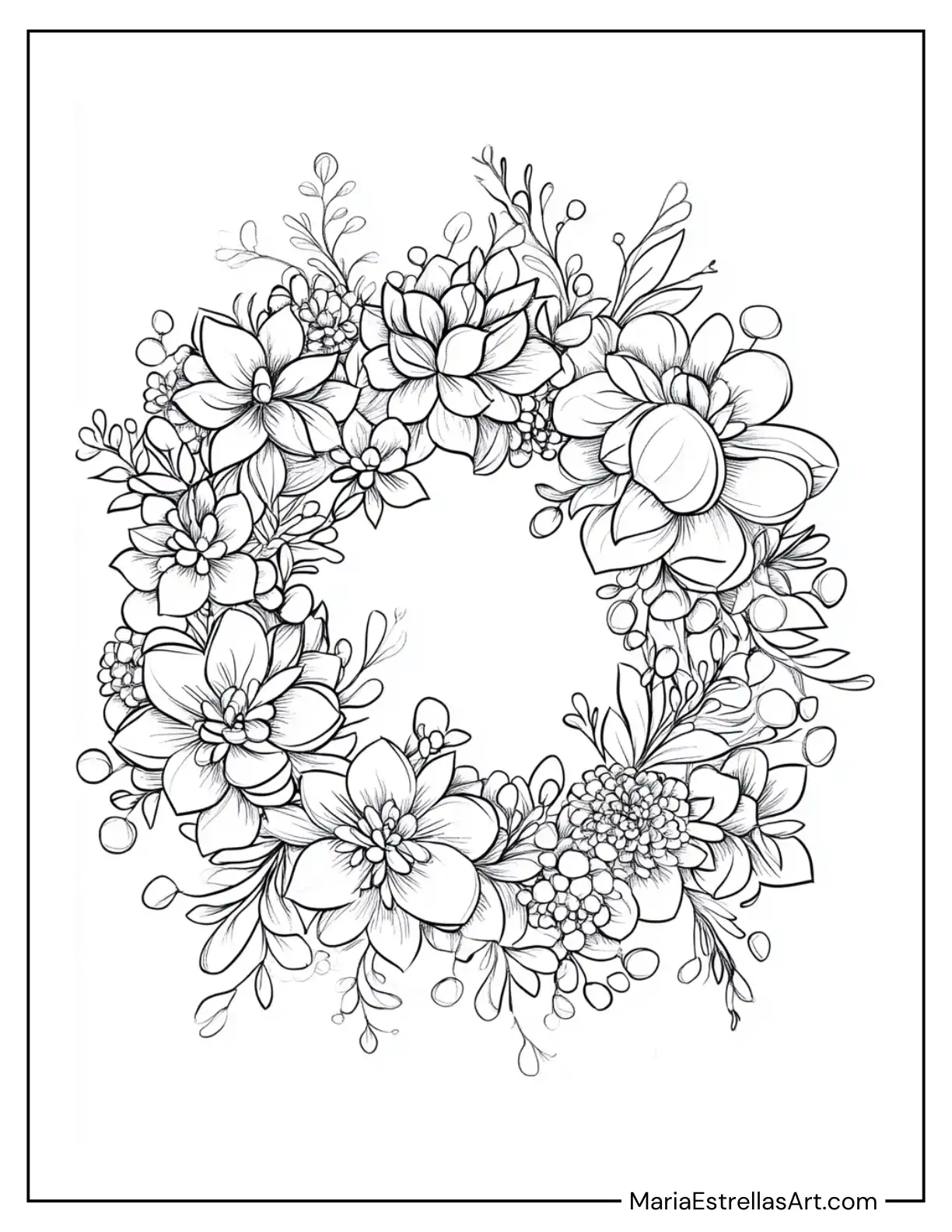 Succulent Wreath With Flowers and Tiny Pebbles to Color for Kids