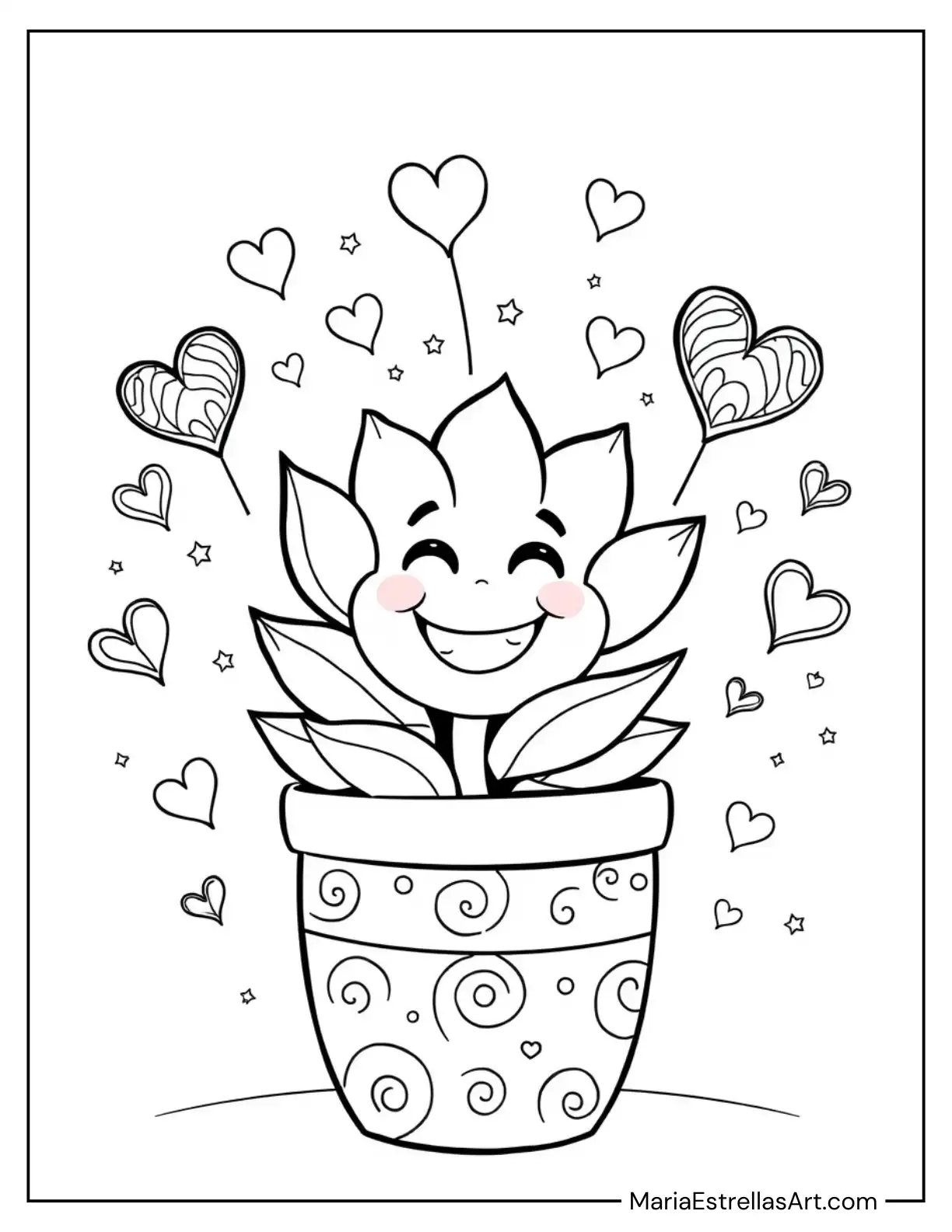 Succulent in a Pot with a Big Grin, Surrounded by a Halo of Floating Hearts Coloring Sheet