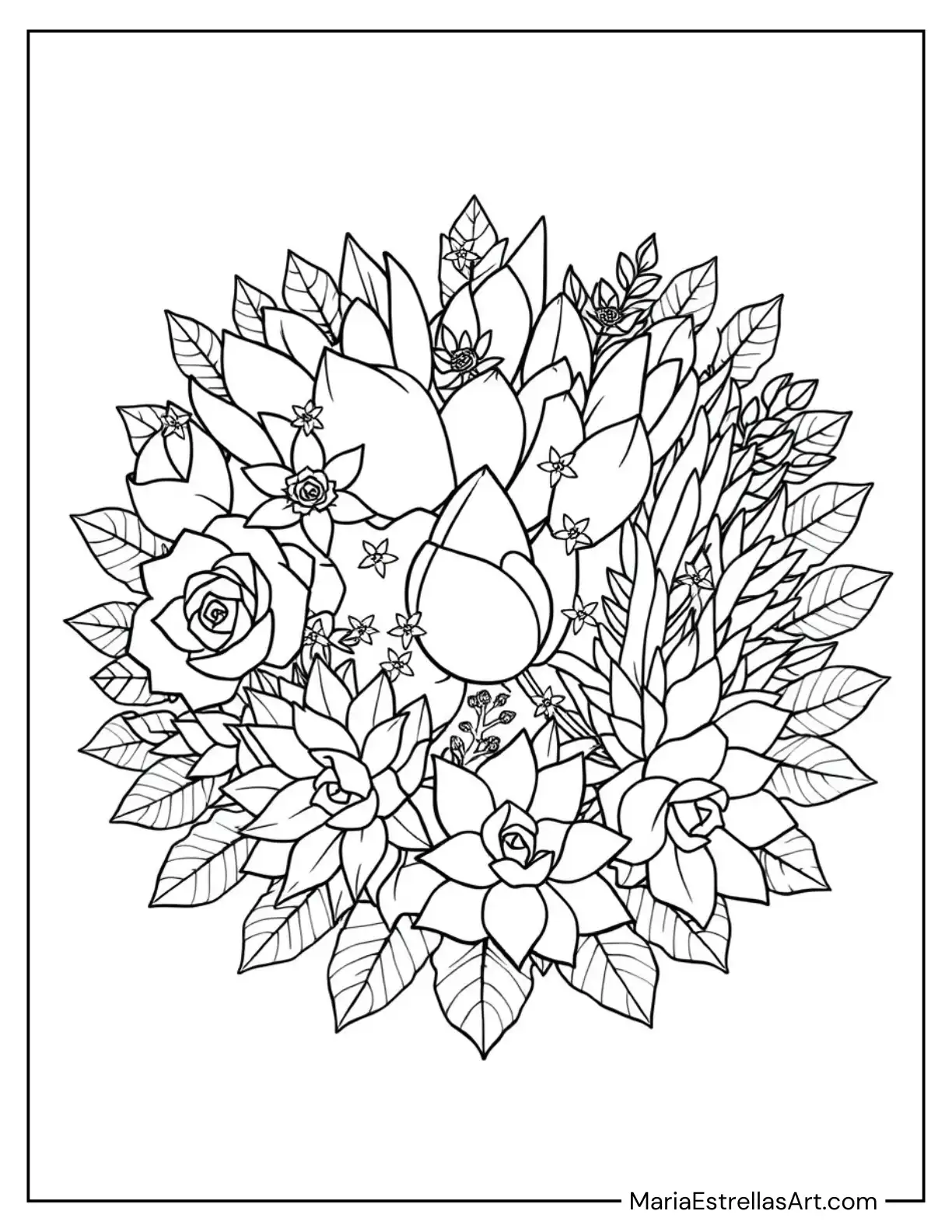 Succulents Arranged in a Circular Bouquet with Accents of Tiny Blossoms and Decorative Leaves Coloring Page