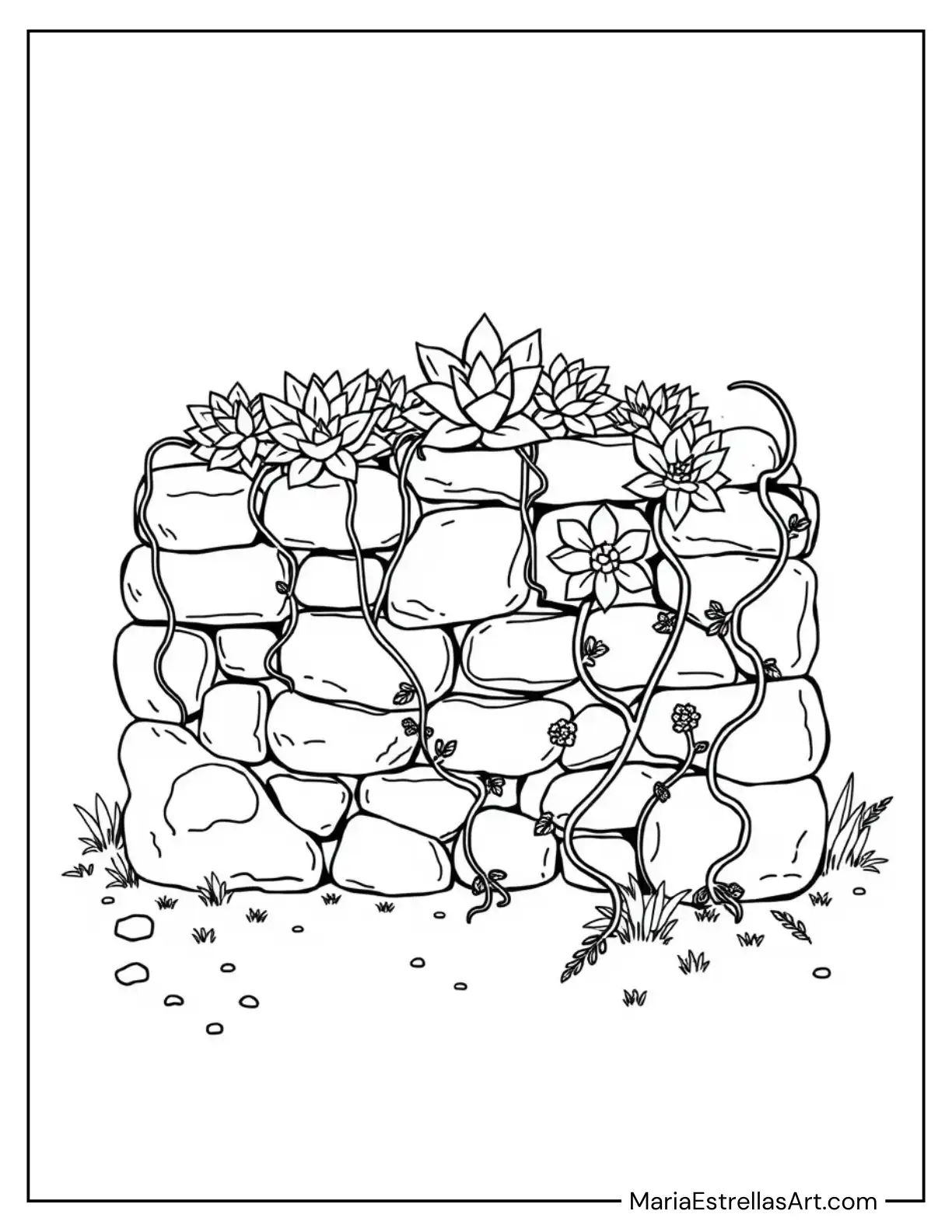 Succulents Arranged in a Miniature Rock Wall Garden, with Vines Coloring Sheet