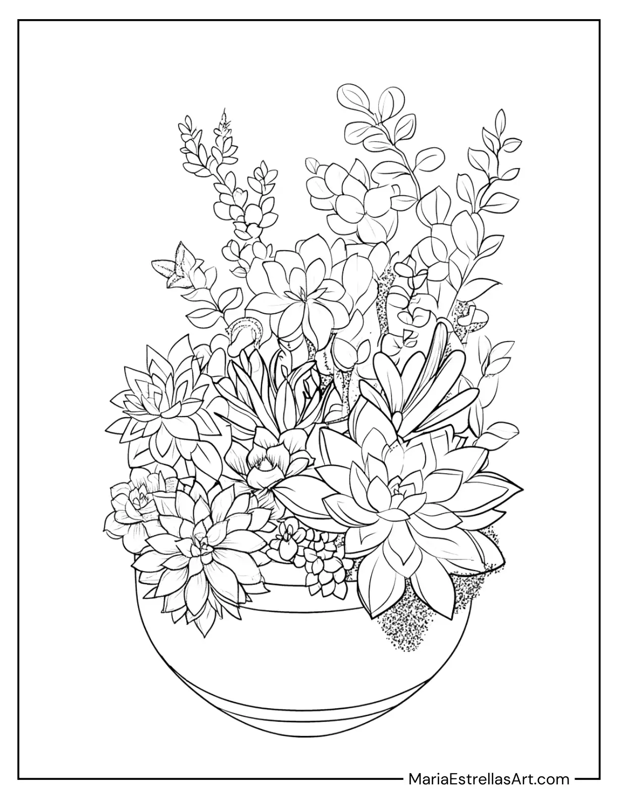 Succulents Arranged in a Round Bowl Planter Coloring Page