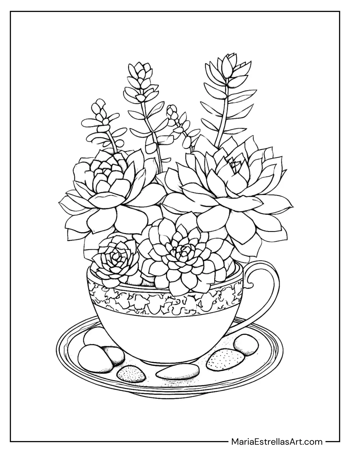 Succulents Arranged in a Teacup With Pebble Accents Coloring Page