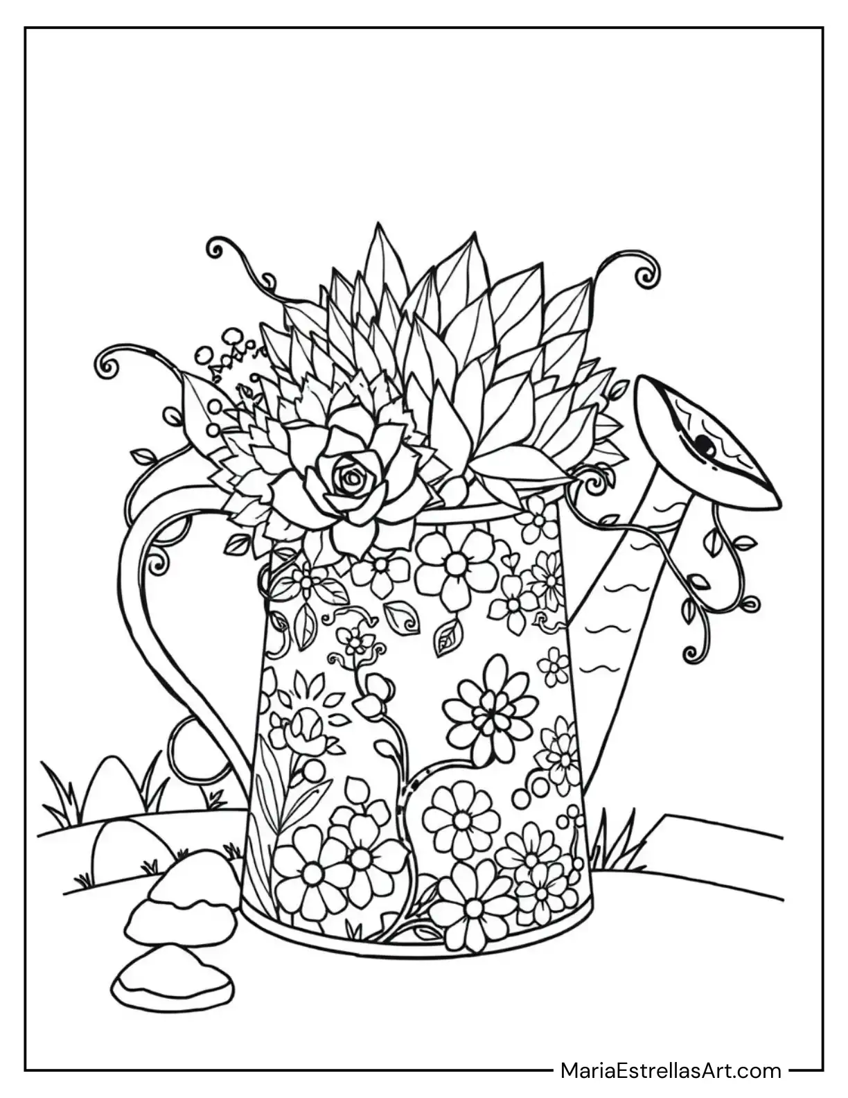 Succulents Emerging from a Decorative Watering Can Coloring Page