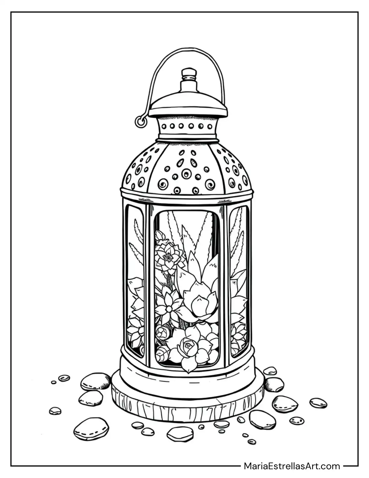 Succulents Growing Inside an Old Lantern with a Rustic Handle Coloring Page