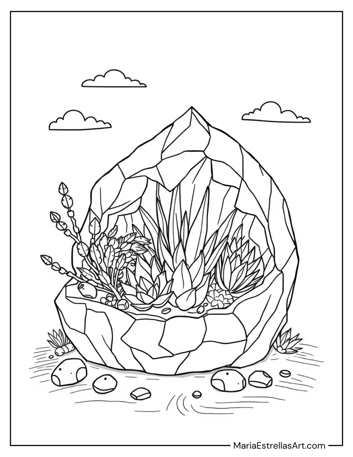 Succulents Growing from a Hollowed-Out Crystal Geode Coloring Page